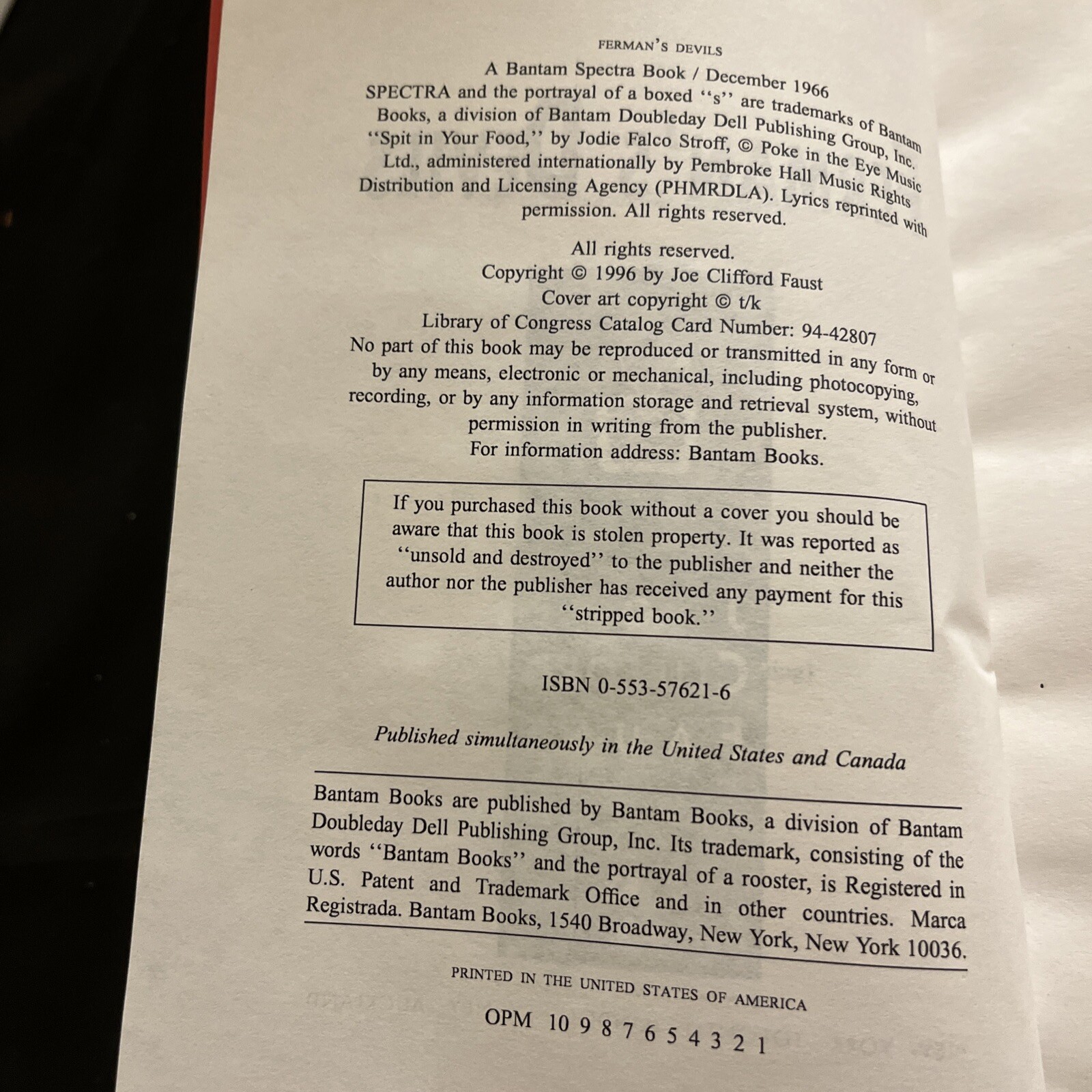 Ferman’s Devils By Joe Faustus Reviewers Copy 1996 Rare