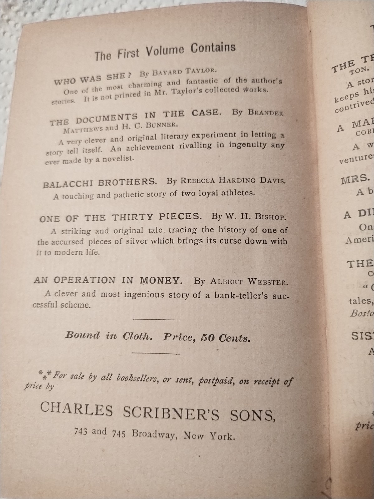 1884 Scribners Stories by American Authors Vol. IV signed By Louise Jerome
