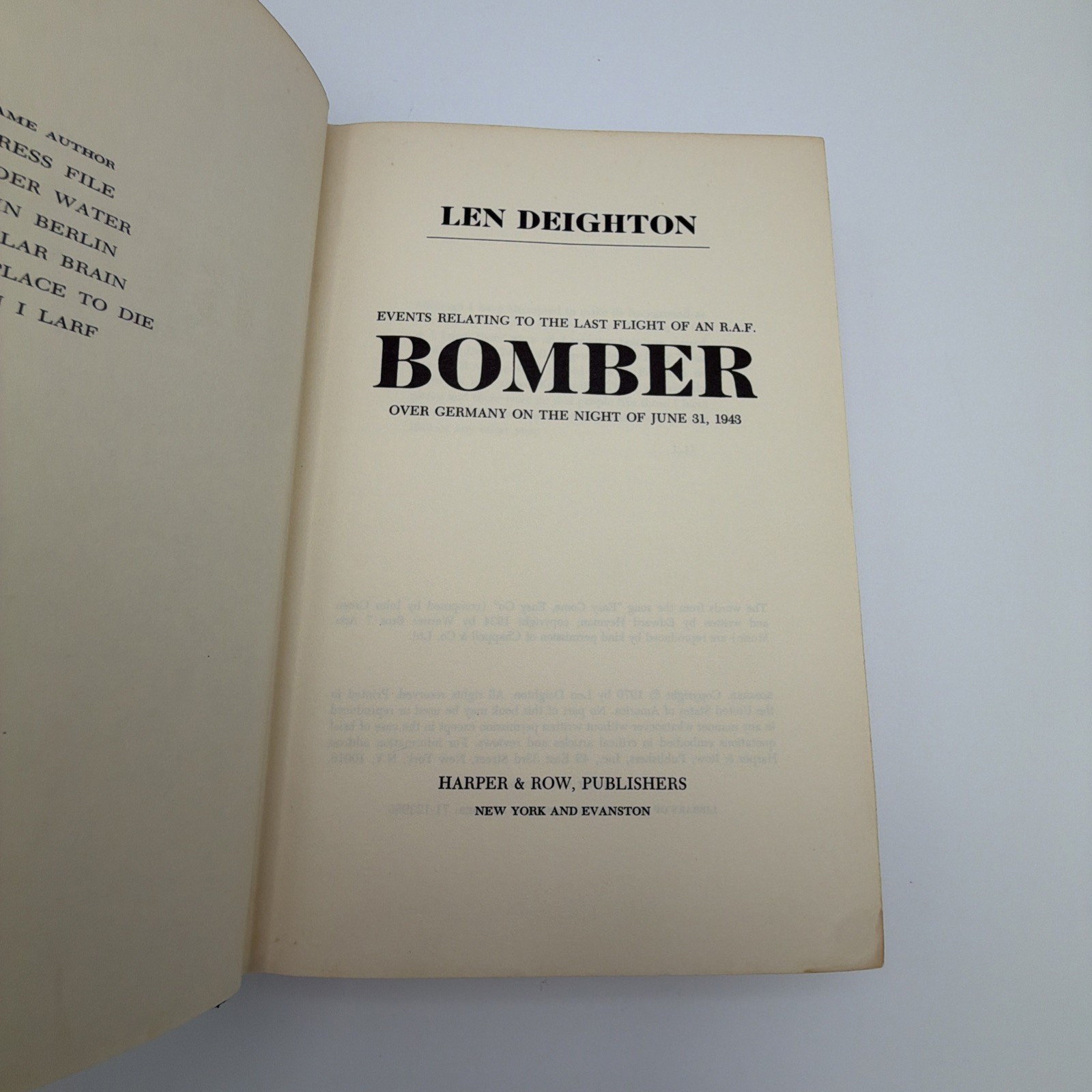 Bomber By Len Deighton 1970 First U.S. Edition HCDJ WWII Thriller Harper & Row