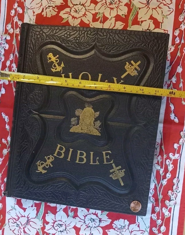 ATQ Huge Holy Bible Embossed Leather Family c.1880 Beautiful Victorian Illust