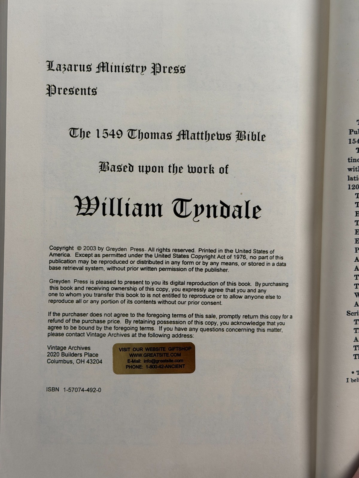 1549 Matthew’s Tyndale Bible Facsimile Leather Gibbor Edition w/ Original Leaf