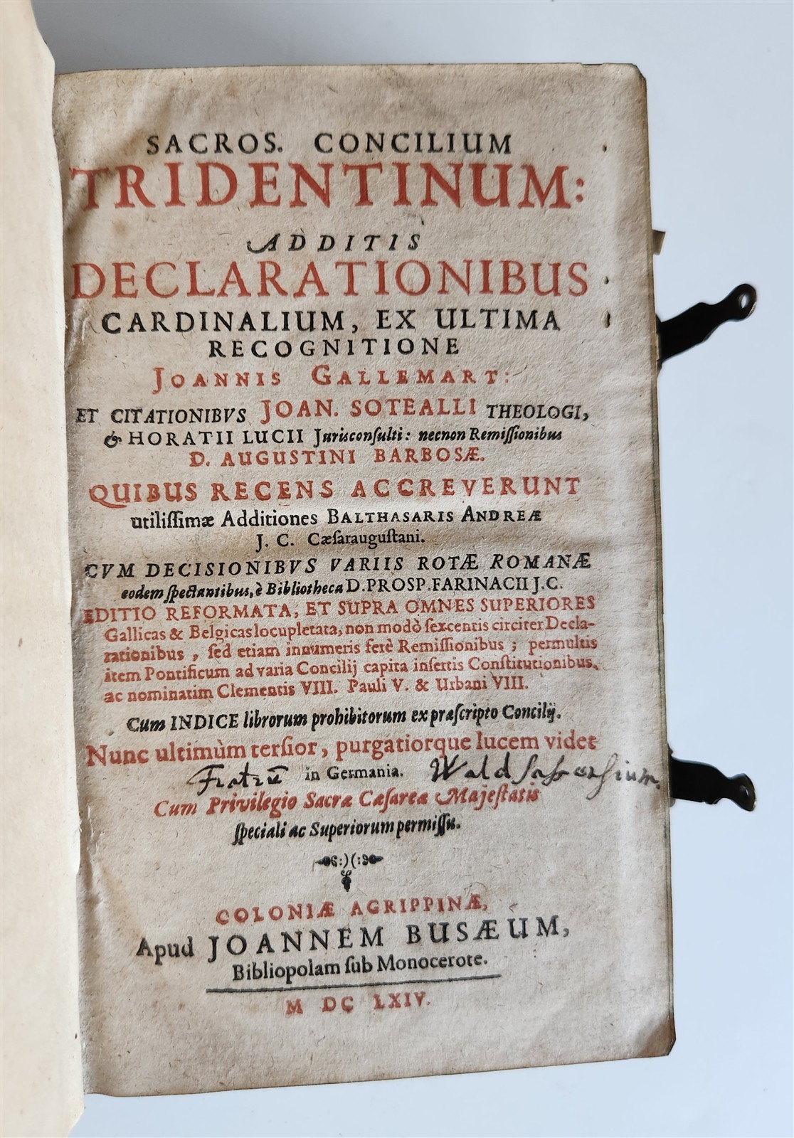 1664 COUNCIL OF TRENT antique decorative PIGSKIN over WOOD BINDING w/ CLASPS
