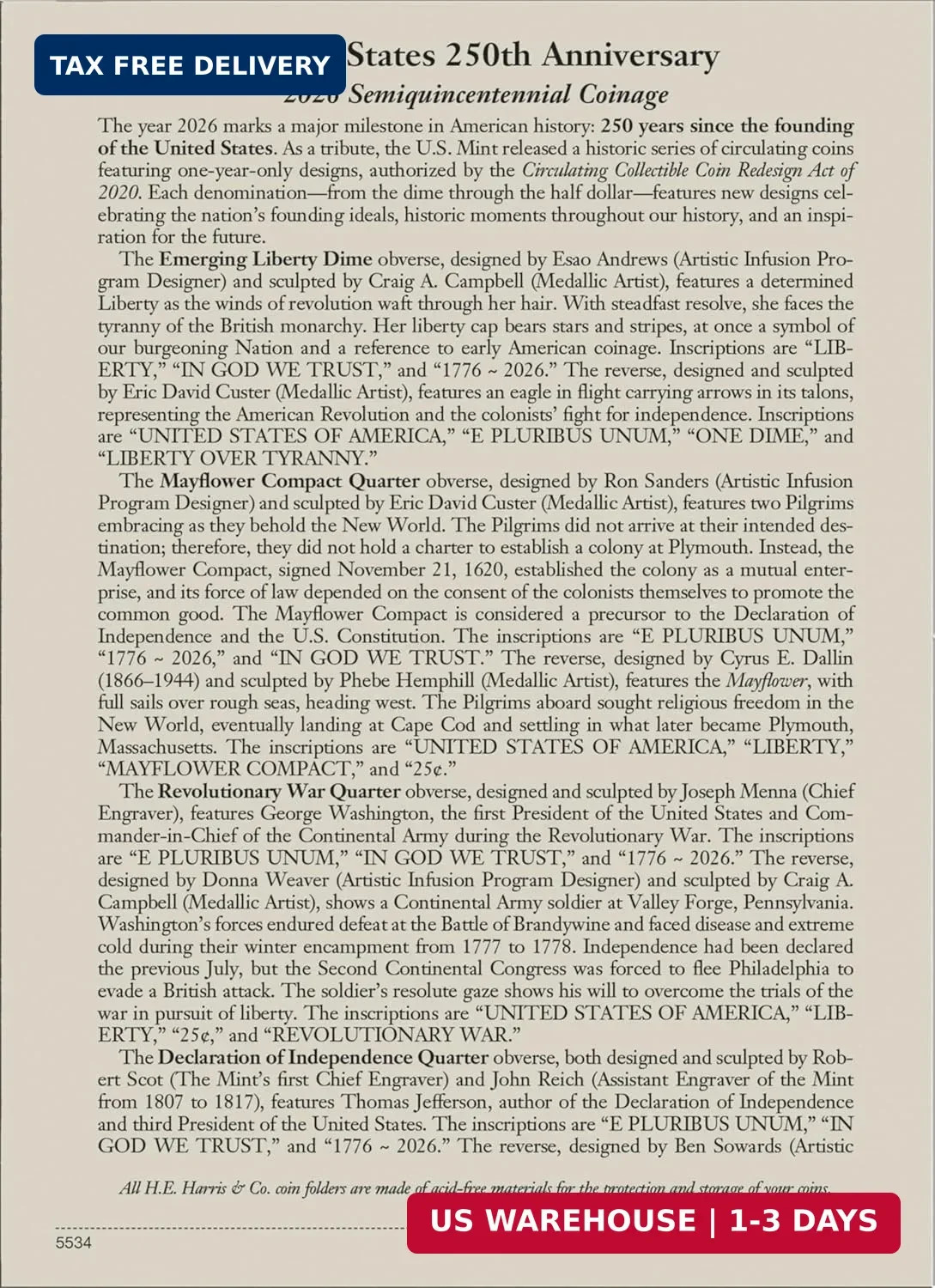 H.E. Harris® Coin Folder – United States 250th Anniversary Collection: 2026