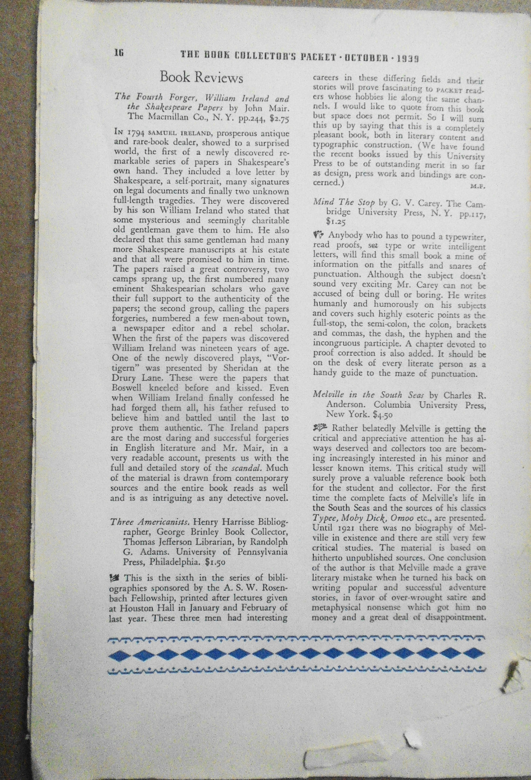 Book Collector’s Packet October 1939 – Art Appreciation; Australia Fine Printing