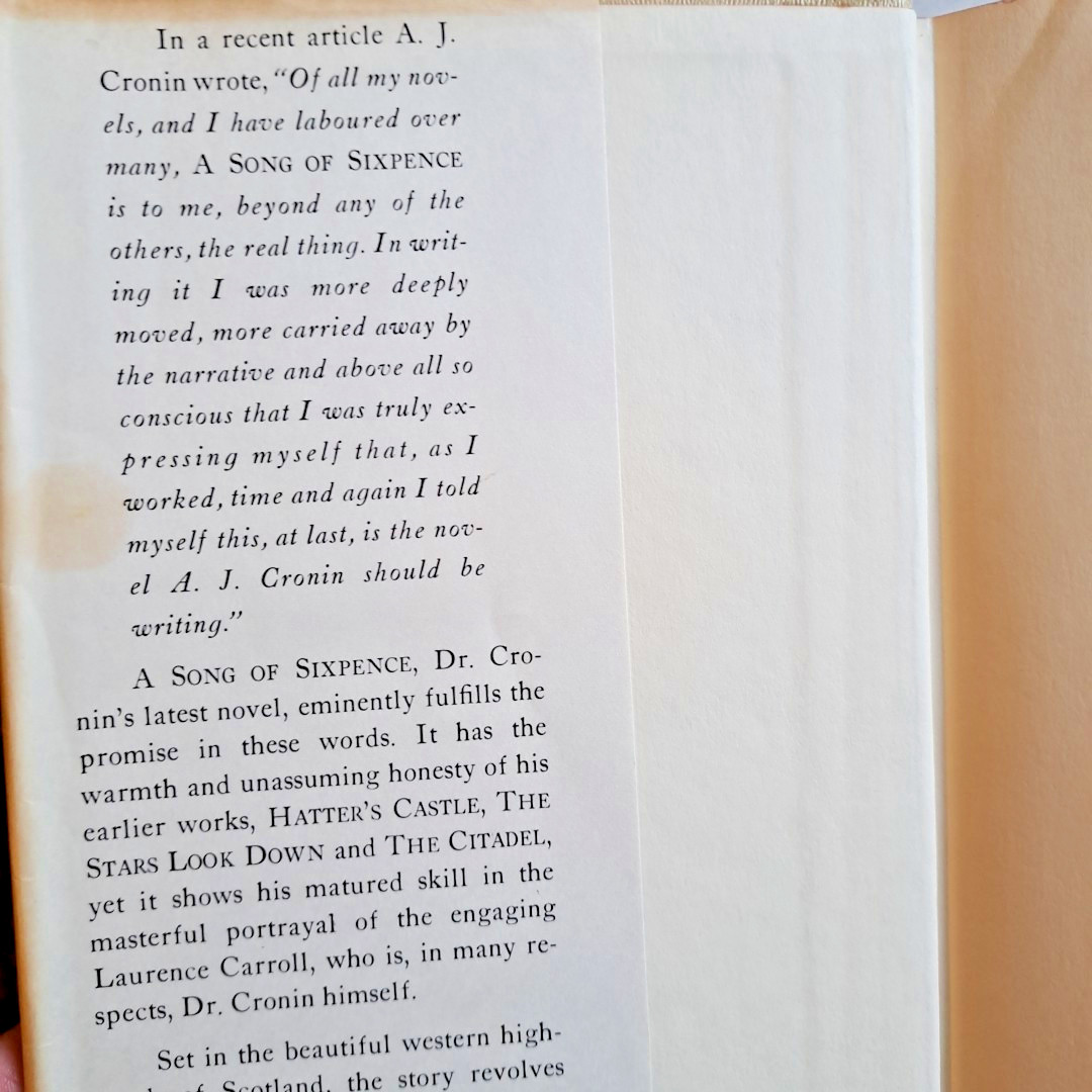 A Song Of Sixpence, AJ Cronin💥1964 HC DJ BCE Little Brown & Co 224 Pages