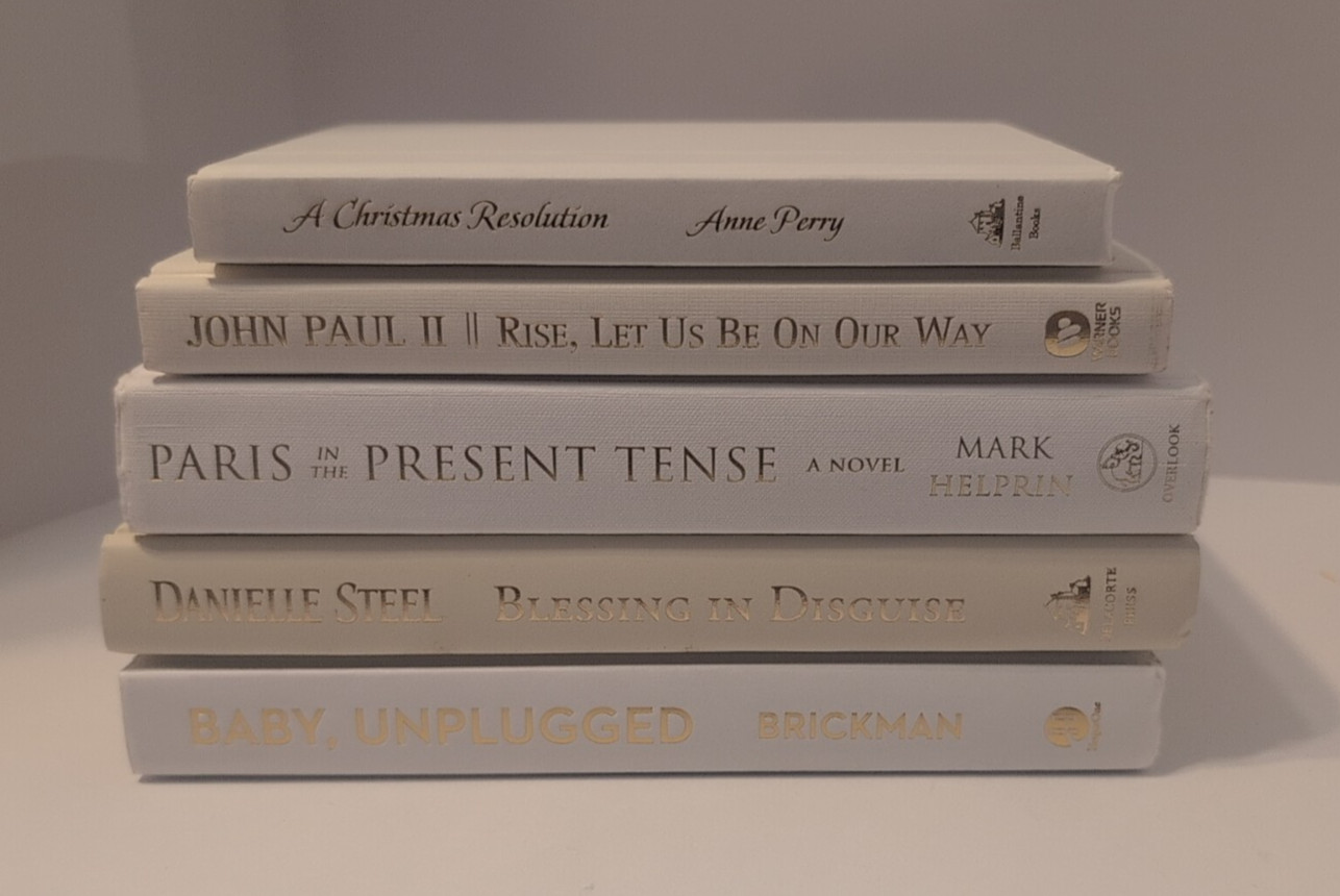 Lot of 5 Decor Books Gold Lettering White Cream Shades Staging Home Decor Prop
