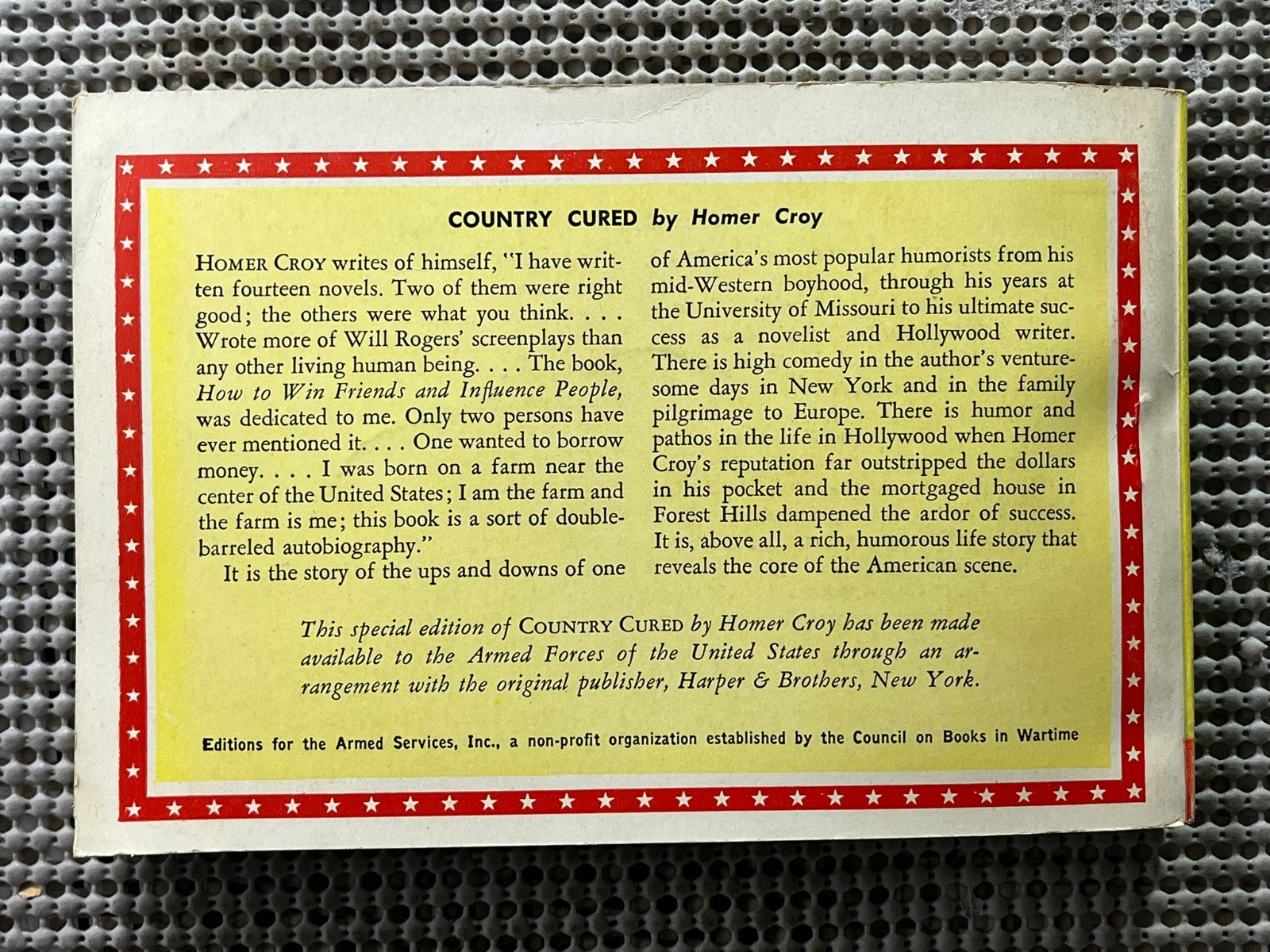 WWII Autobiography ~ Country Cured ~ Homer Croy ~ Armed Services Edition