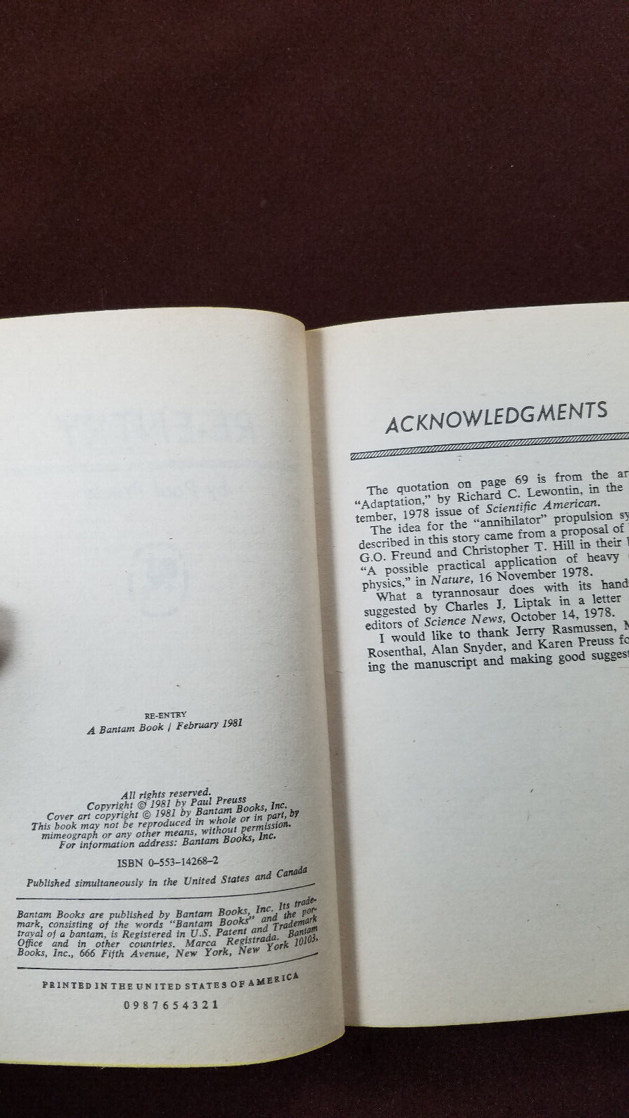 Re-Entry by Paul Preuss 1981 Bantam 1st Printing Paperback