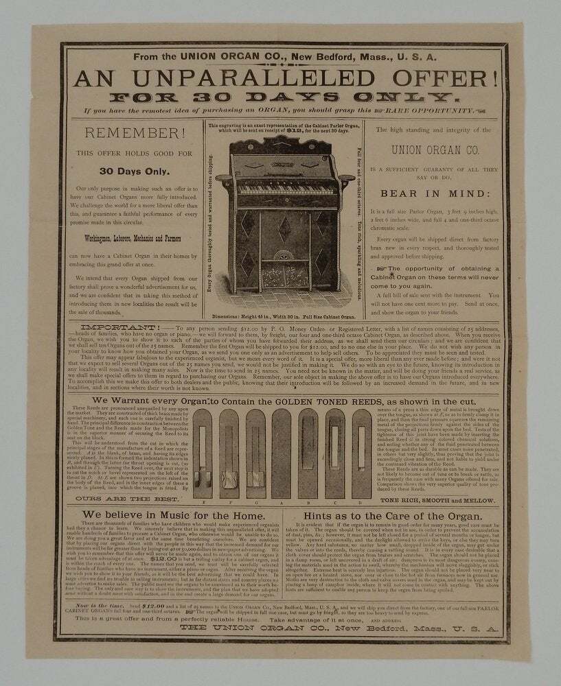 Union Organ Co / UNPARALLELED OFFER | FOR 30 DAYS ONLY | If you have 1st ed 1883