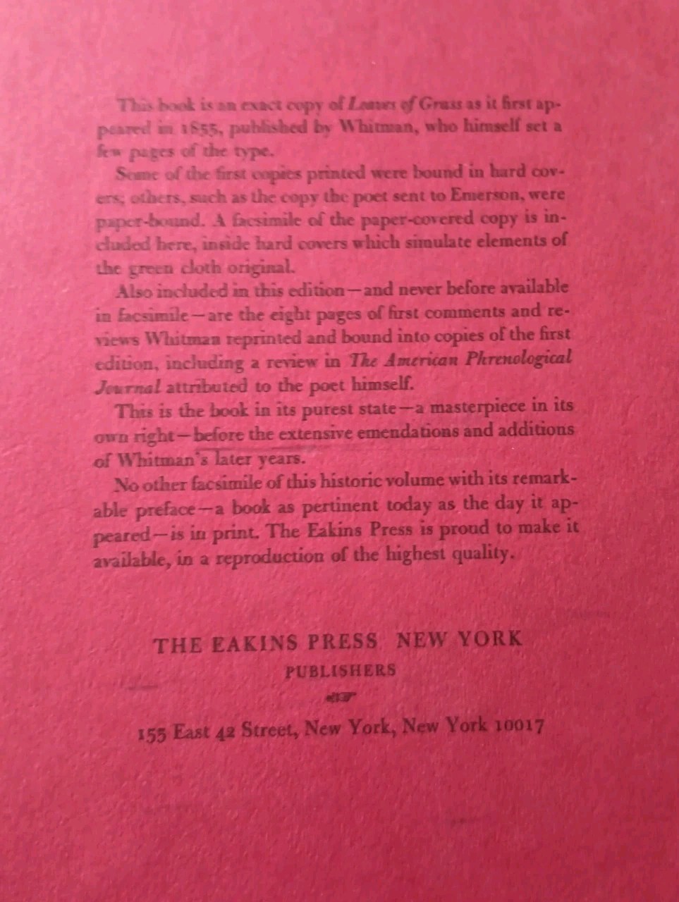 WALT WHITMAN Leaves of Grass 1966 Facsimile Brooklyn 1855 First Edition SLIPCASE