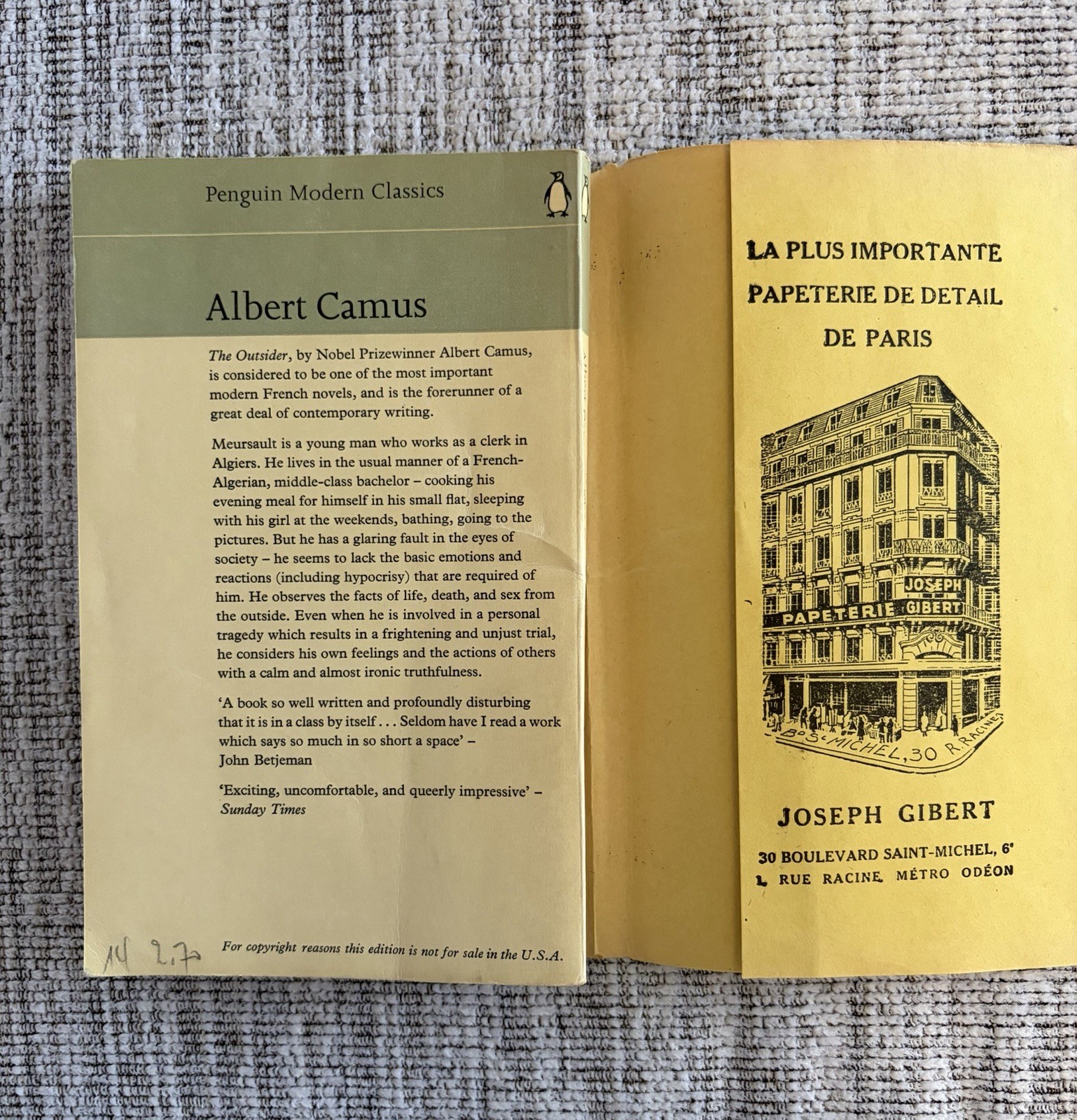1963 Albert Camus The Outsider w/ Rare Joseph Gibert Paris Cover Parisian Import