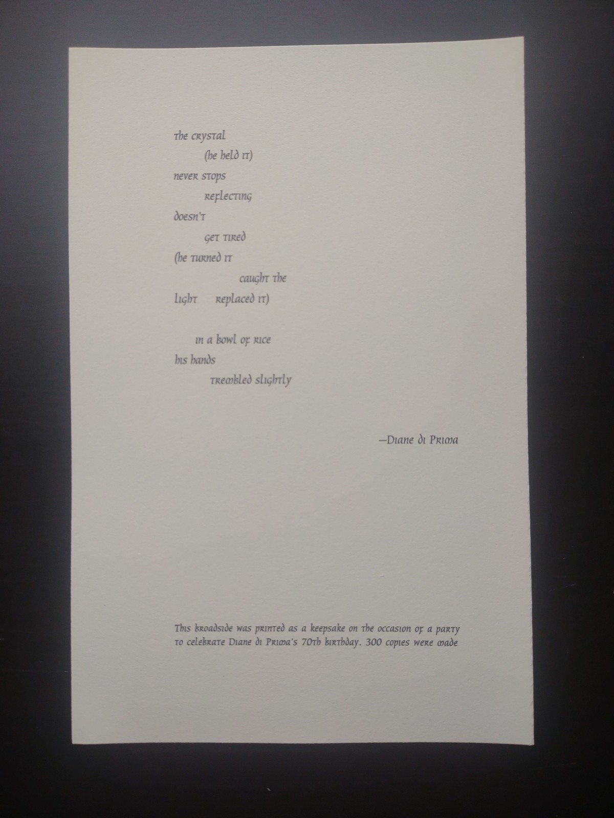 Diane di Prima Broadside 70th Birthday Party Keepsake 2014 the crystal