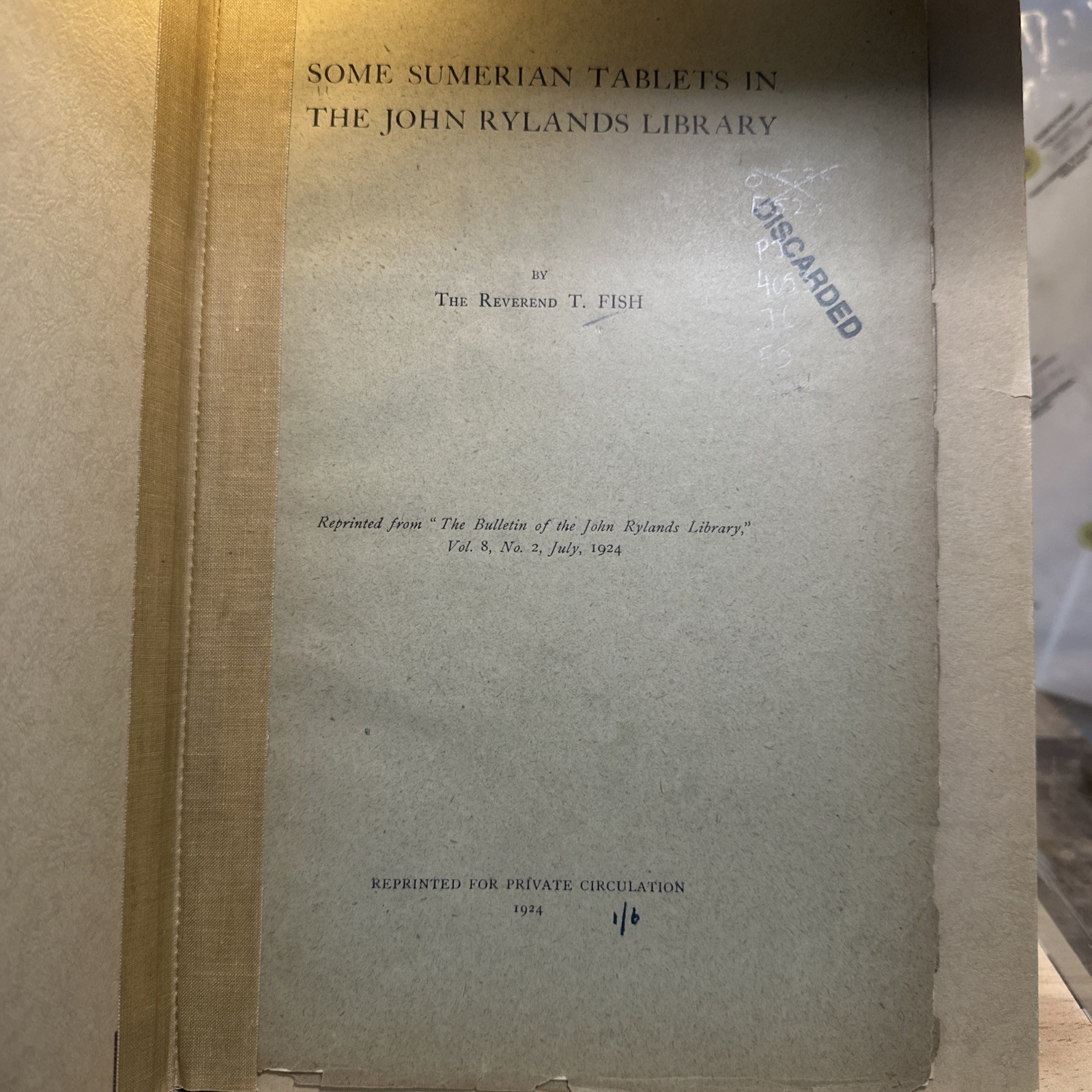 1924 Some Sumerian Tablets in the John Rylands Library by Reverend T. Fish