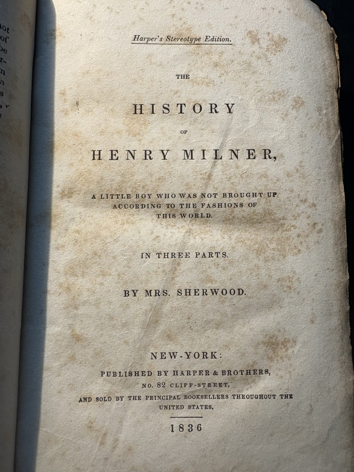 1836 Harper & Brothers Works of Mrs Sherwood Vol I Henry Milner Antiquarian