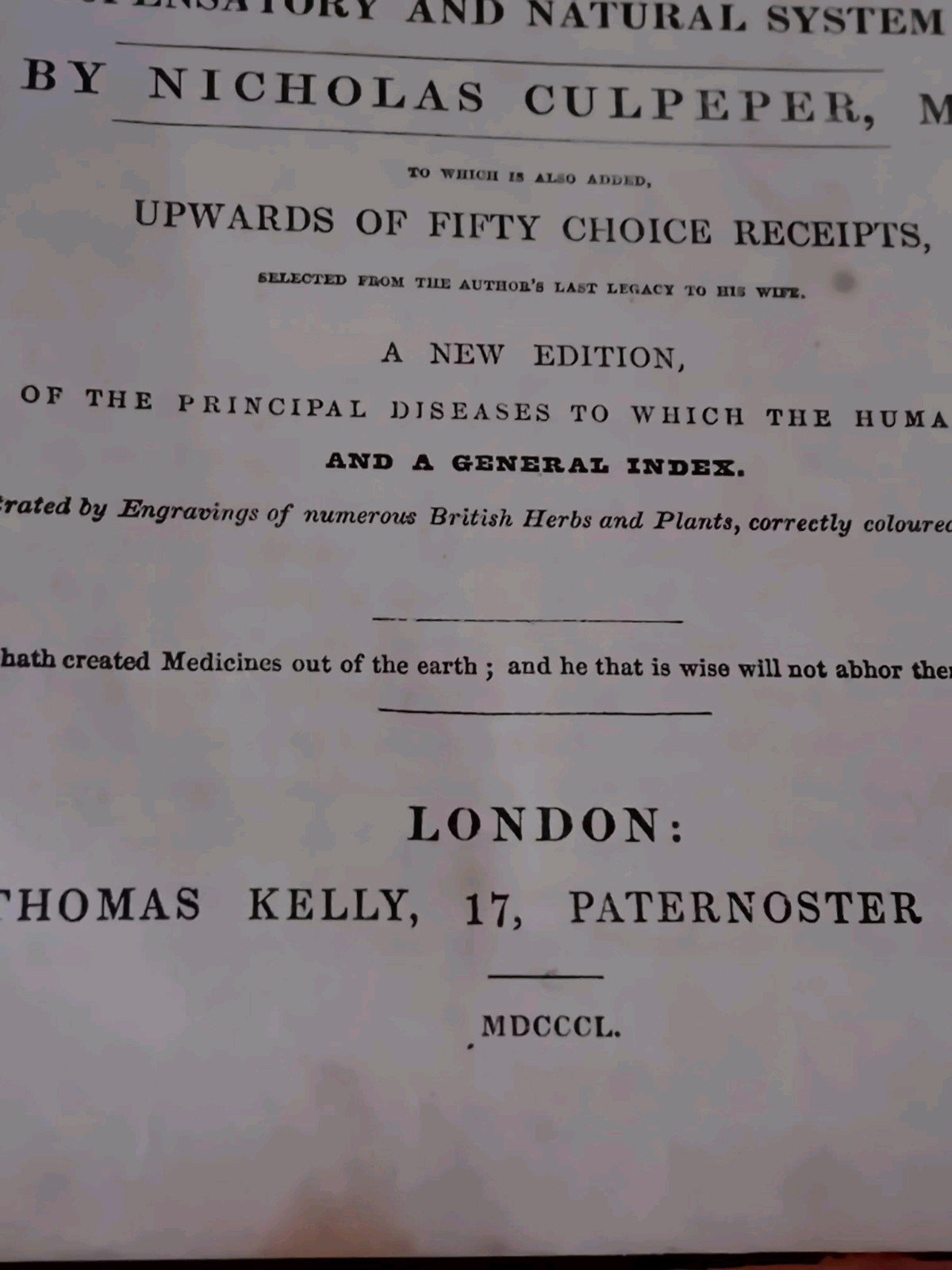 Nicholas Culpeper Complete Herbal Pub 1850 Thomas Kelly Colour Illus Leather HB