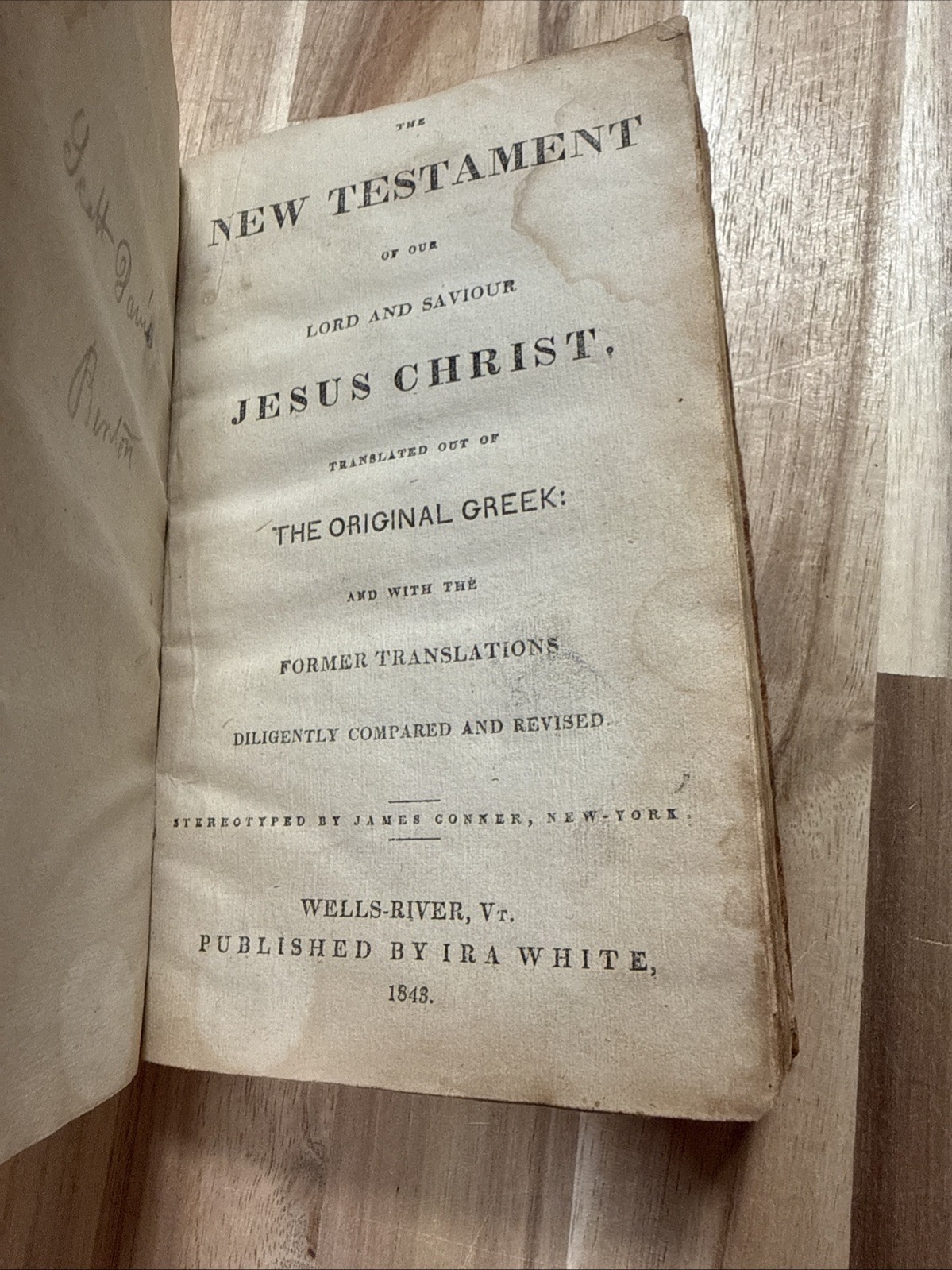 1843 NEW TESTAMENT rare WELLS-RIVER vermont IRA WHITE leather ANTIQUE old