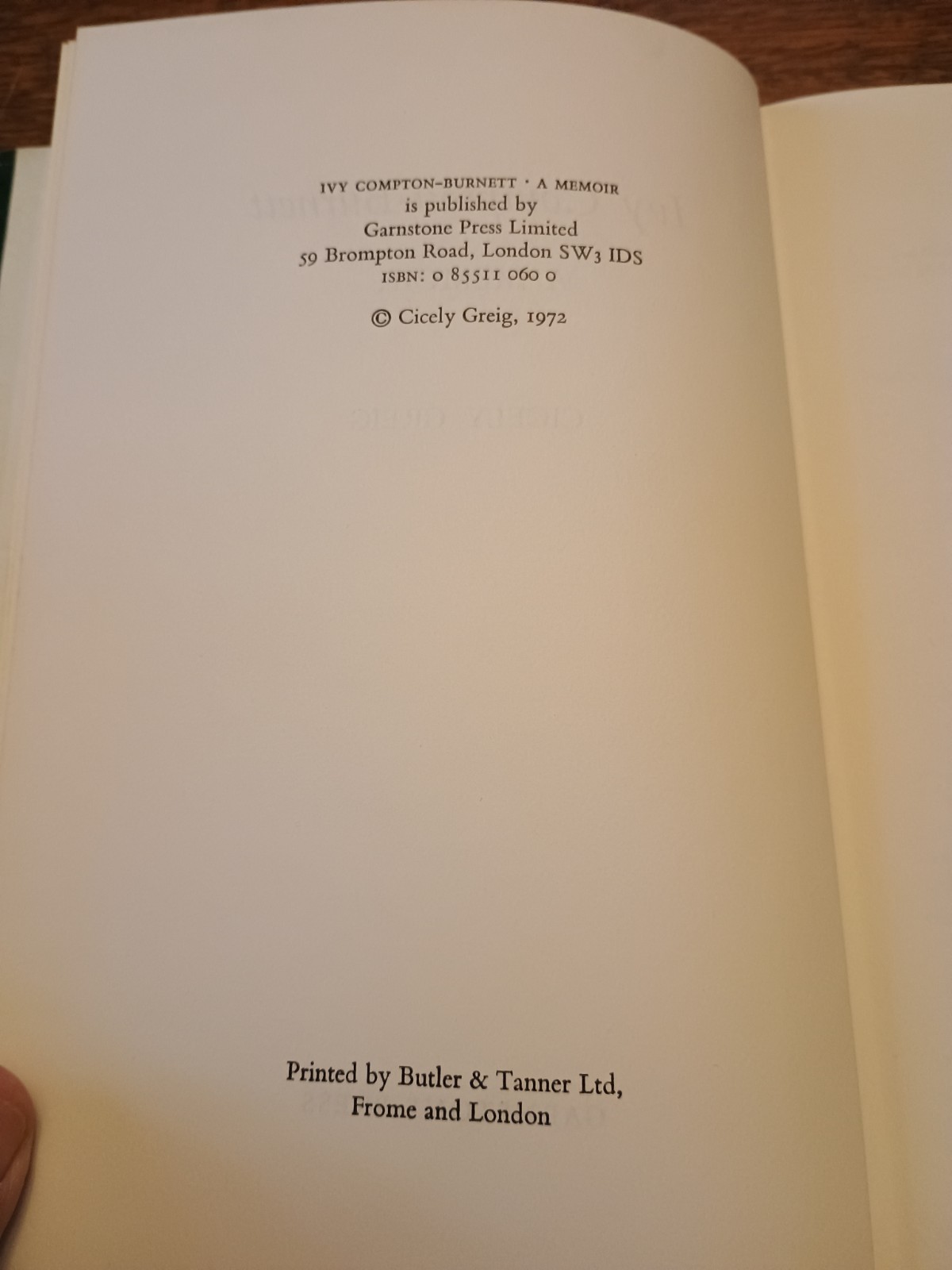 Ivy Compton Burnett A Memoir by Cicely Grieg Hardcover Dust Jacket 1972