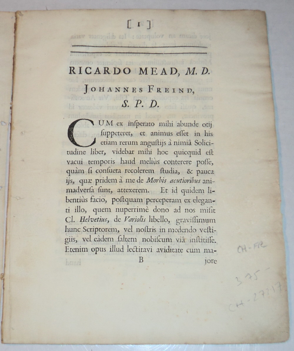 1723 1ST ED. JOHN FREIND on SMALL-POX to RICHARD MEAD plus a 1727 edition