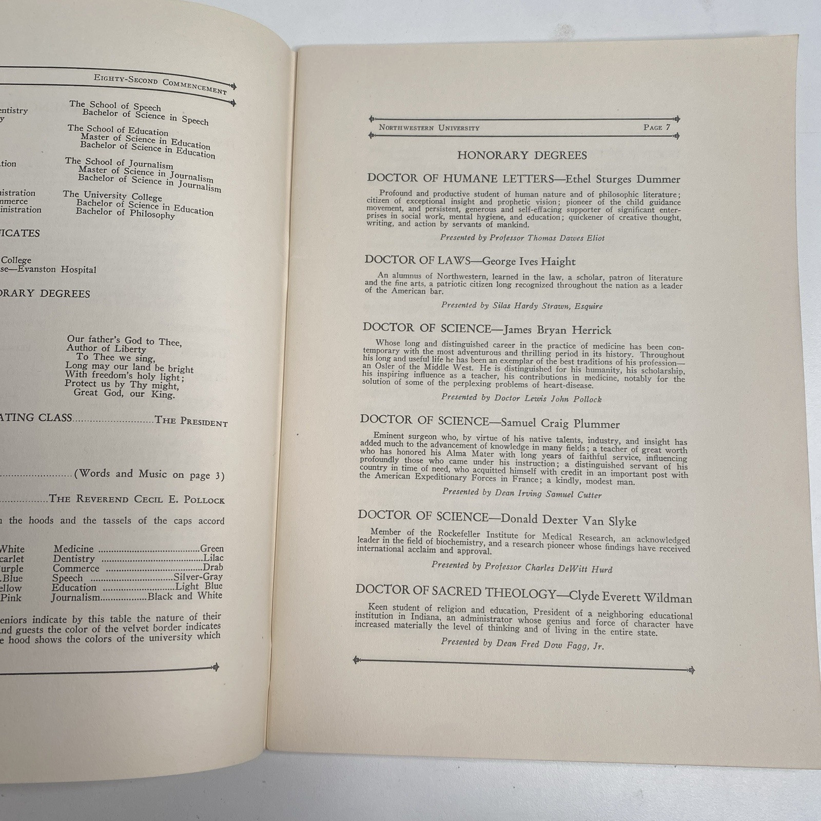 1940 Northwestern University 82nd Annual Commencement 54 pgs Evanston Illinois