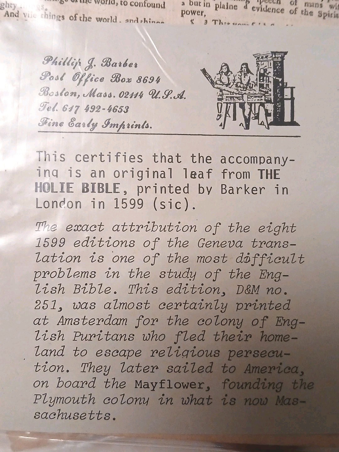 1599 Barker Rare HOLY Bible Page With C.O.A. In Plastic Sleeve