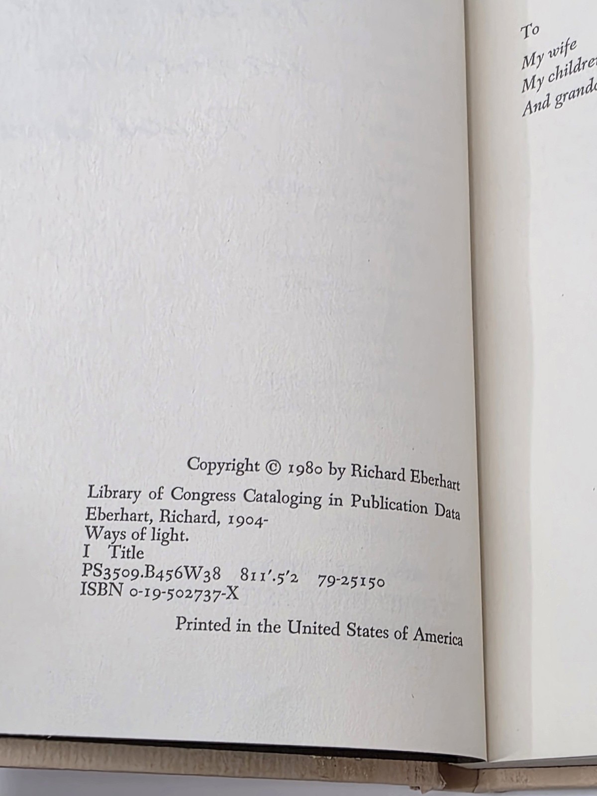Richard Eberhart WAYS OF LIGHT Poems 1972-1980 Signed Inscribed 1st/1st Edition