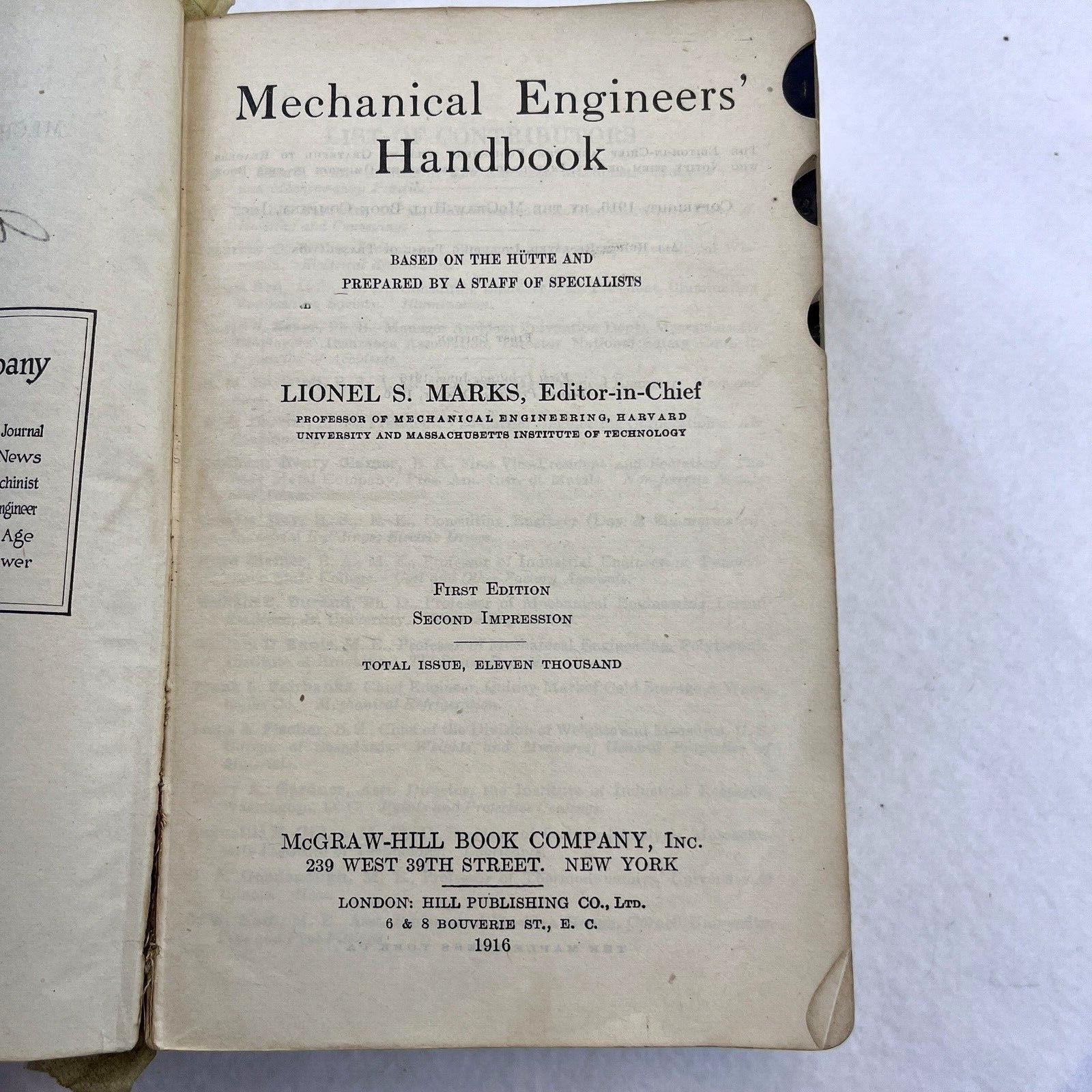 MECHANICAL ENGINEERS’ HANDBOOK McGraw-Hill 1916 First Edition Second Impression