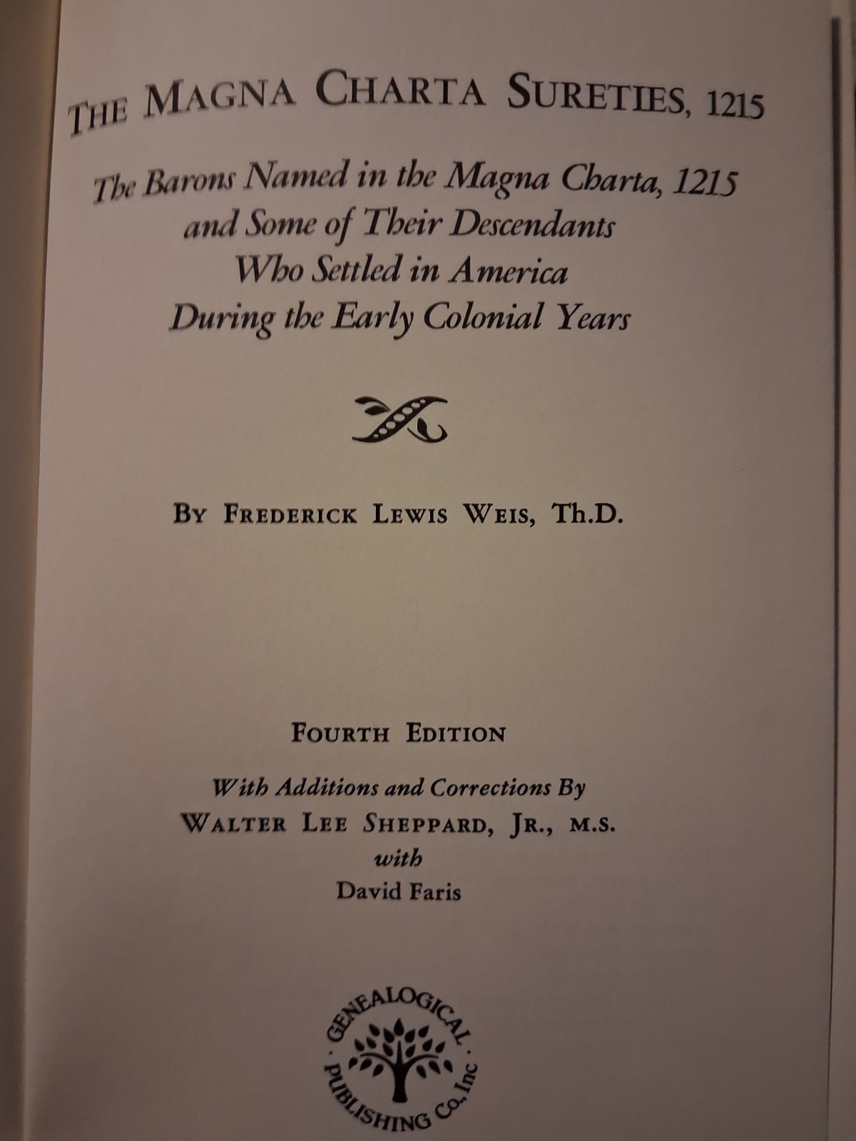 The Magna Charta Sureties 1215 Frederick Weis (1991 Hardcover) Fourth Edit. VG