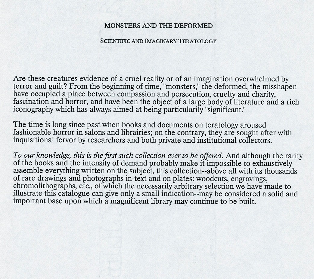 Paris Book Seller’s Catalog 1995 MONSTERS & The DEFORMED Teratology Real Surreal