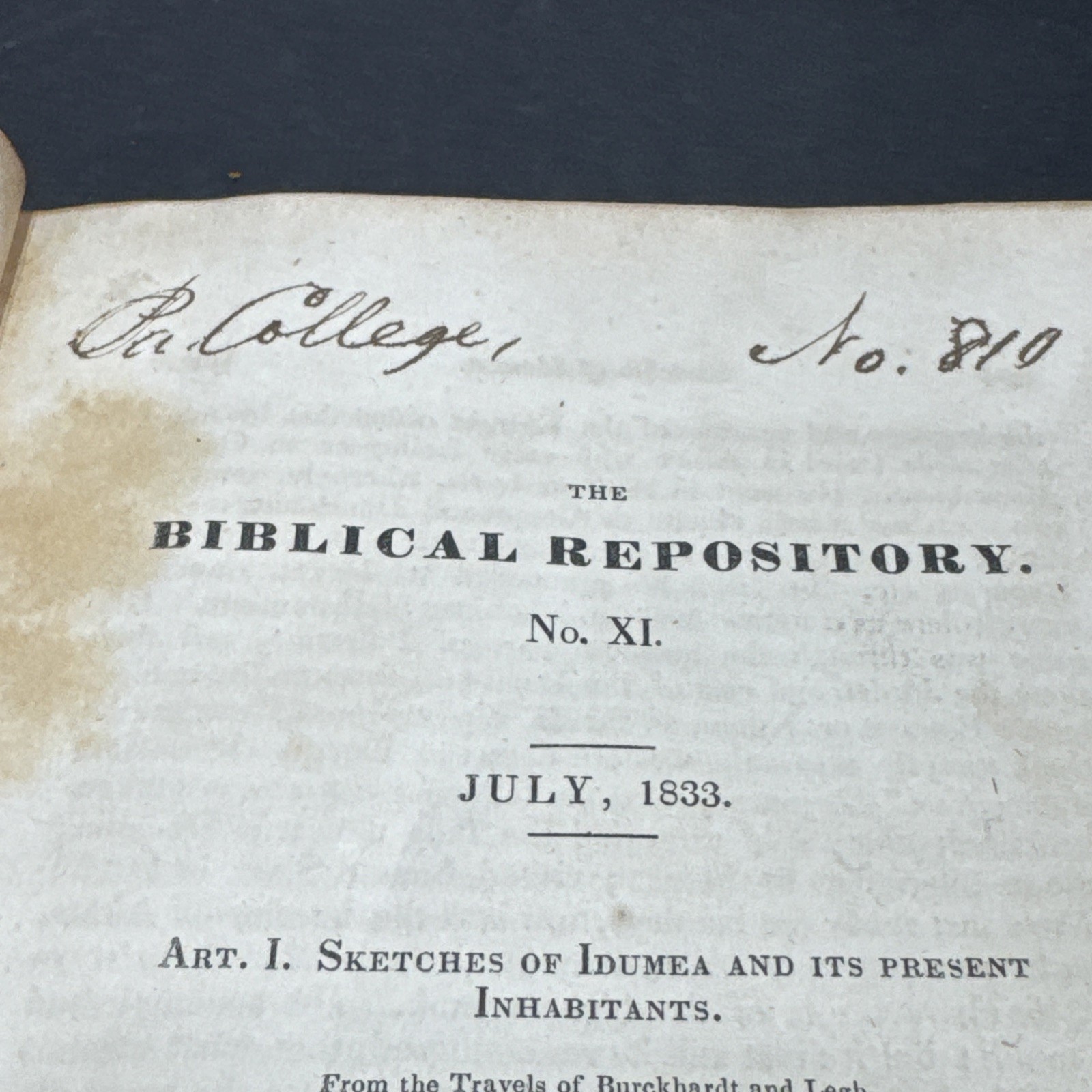 Biblical Repository July 1833 Vol III No XI Antique Religious Book Rare