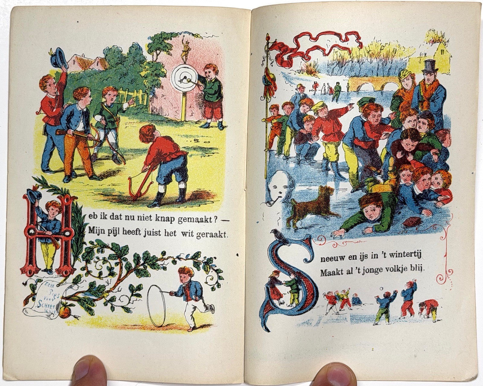 1860 JONGENS MEISJES SPELEN DUTCH CHILDRENS COLOR LITHO BOOKLET LEIDEN NOOTHOVEN