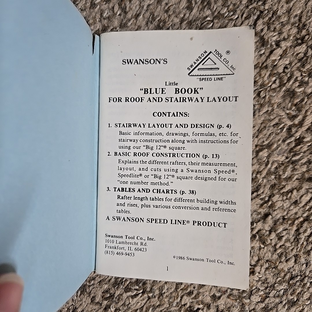 Vintage Swanson Tool Co. Swanson’s “Blue Book” for Roof & Stairway Layout 1986