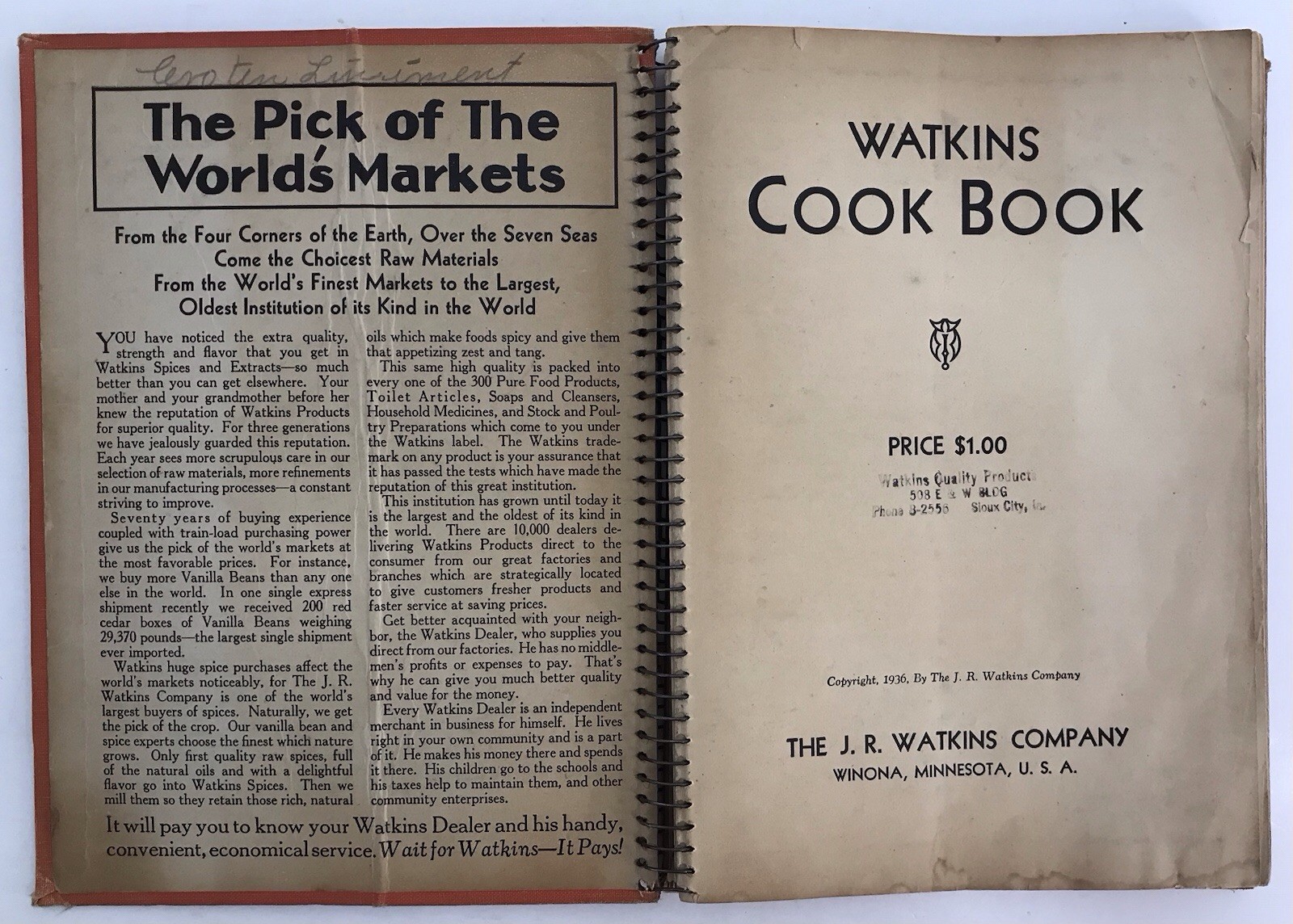 Watkins Cook Book 1936 HC Spiral Bound Vintage Winona, Minn.