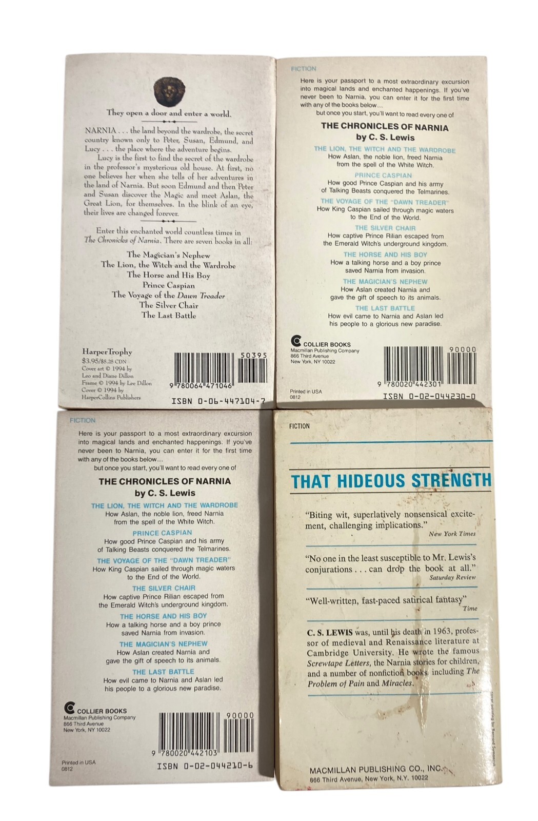CS Lewis 3 Chronicles of Narnia #1 #6 #7 Collier + That Hideous Strength PB 1970