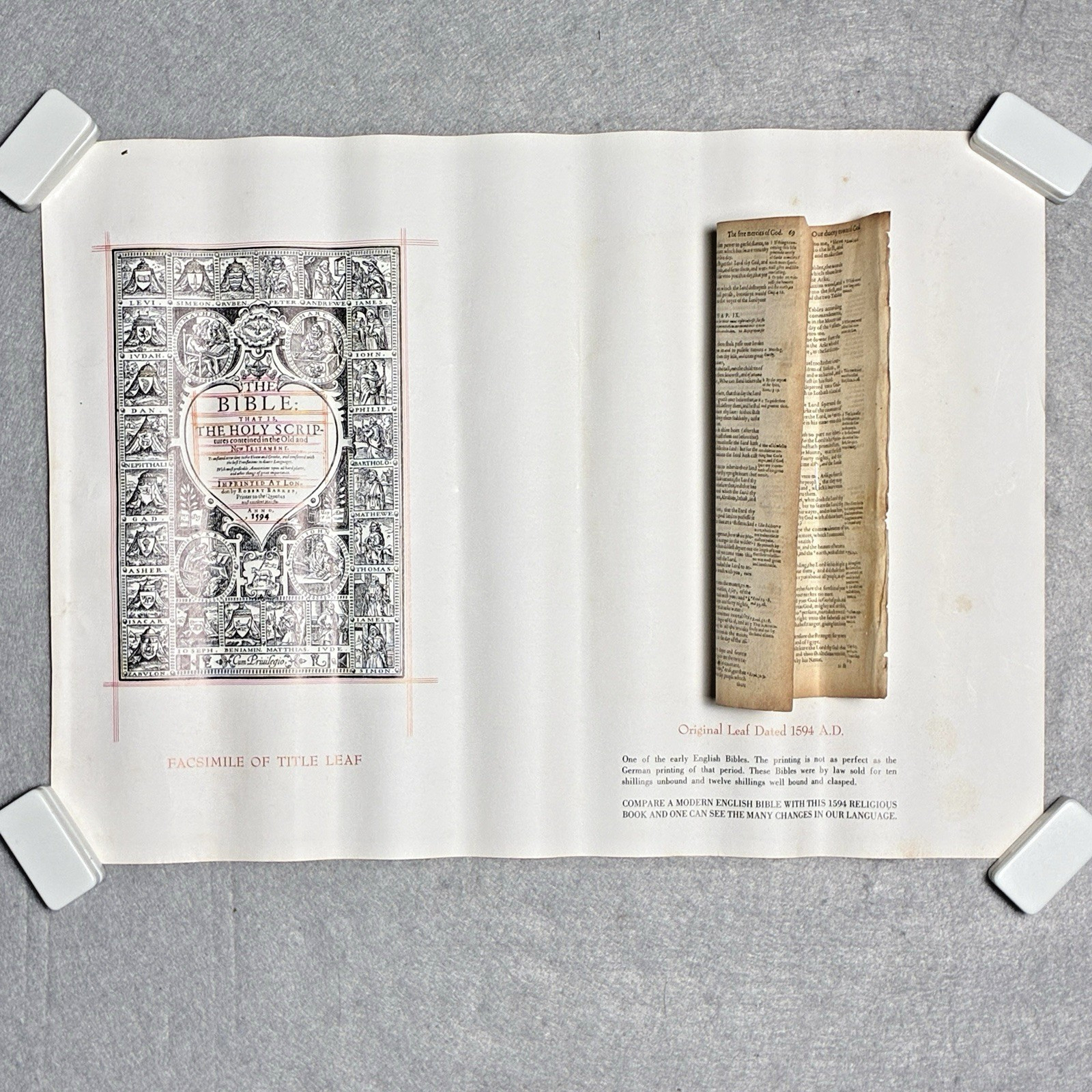Original 1594 English Bible Leaf — Deuteronomy 9-10 — Robert Barker, London