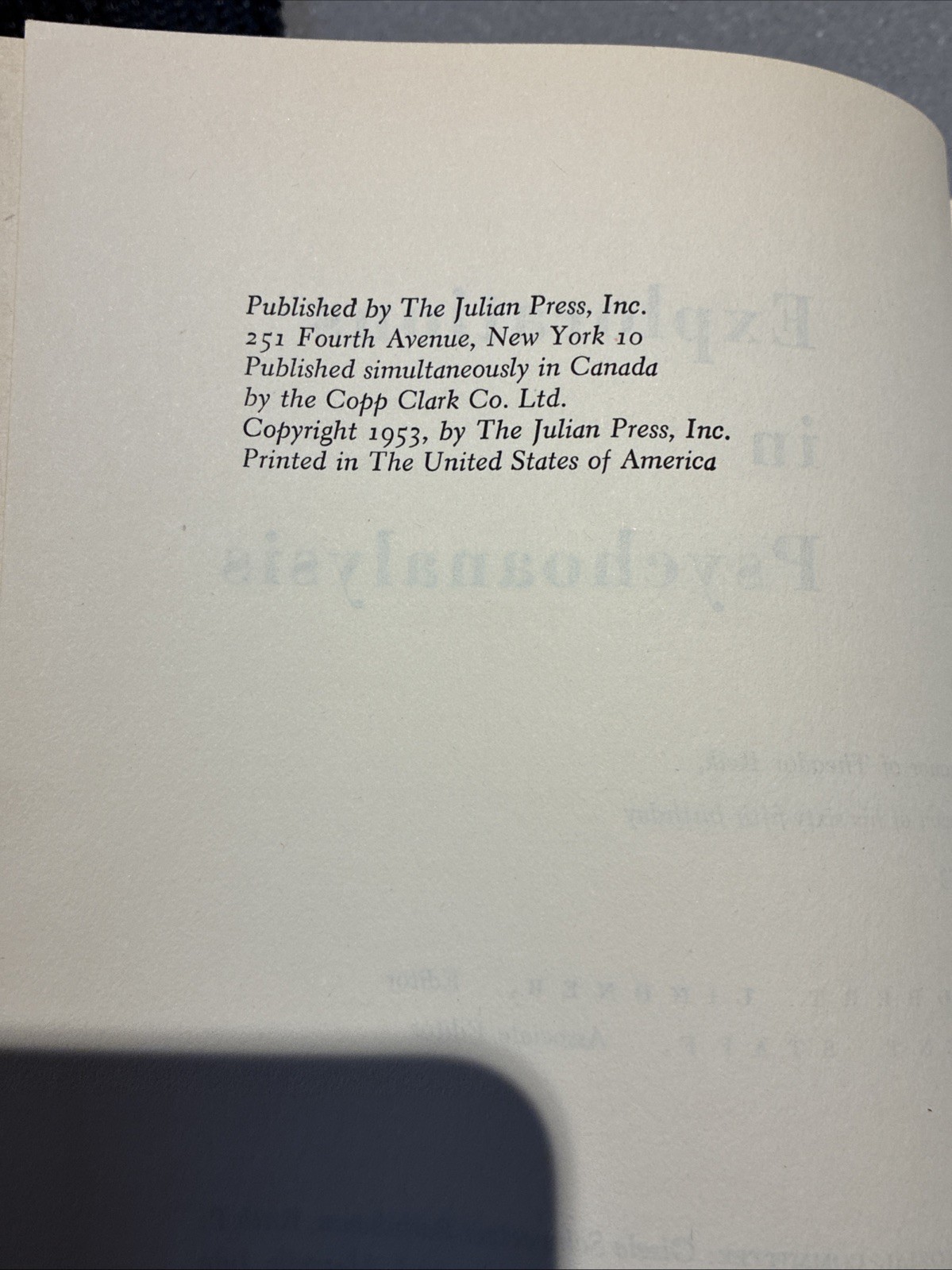 Explorations in Psychoanalysis Tribute to the Work of Theodor Reik Ist Ed. 1953