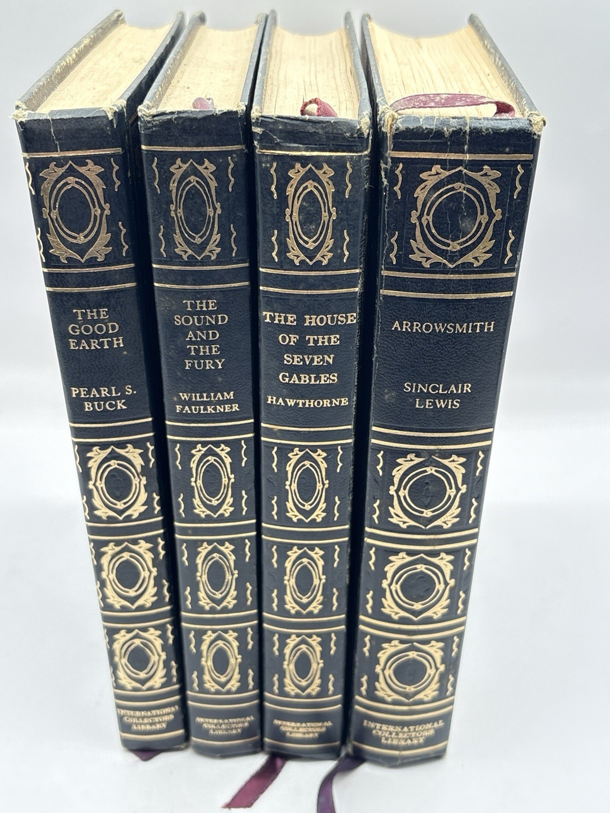 Decorative Vtg Book Set Faux Leather Dark Academia Navy Gold International Coll.