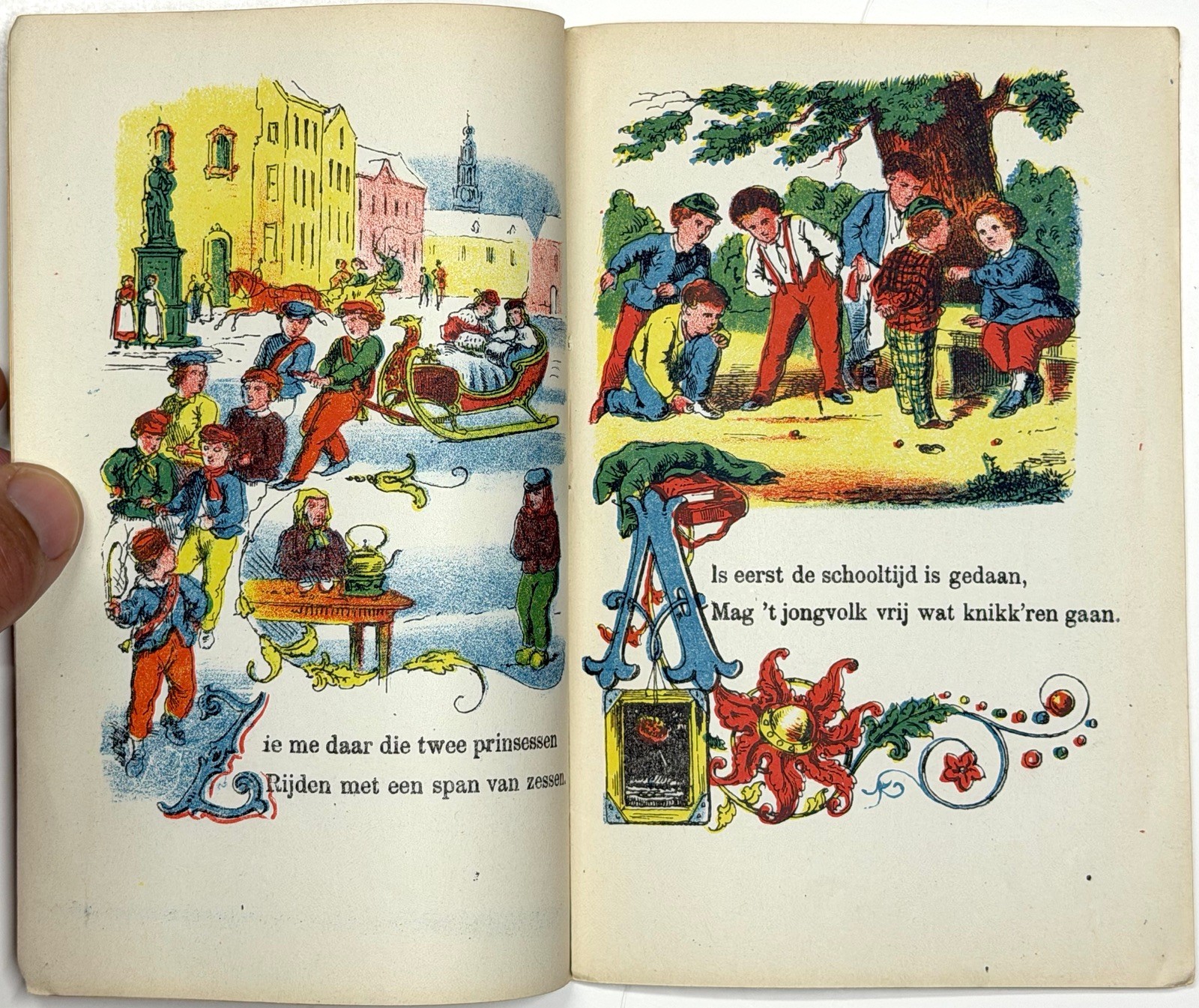 1860 JONGENS MEISJES SPELEN DUTCH CHILDRENS COLOR LITHO BOOKLET LEIDEN NOOTHOVEN