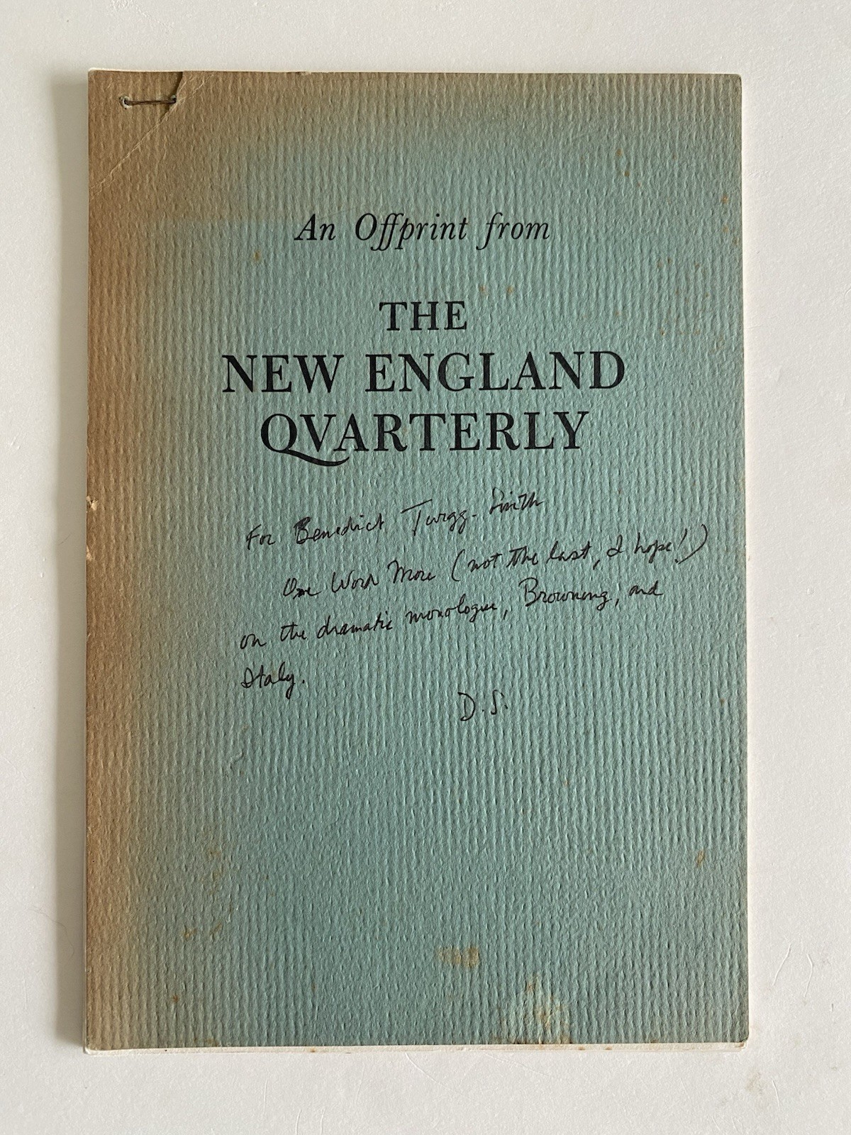 Rare Author Inscribed Offprint From The New England Quarterly By Daniel Stempel
