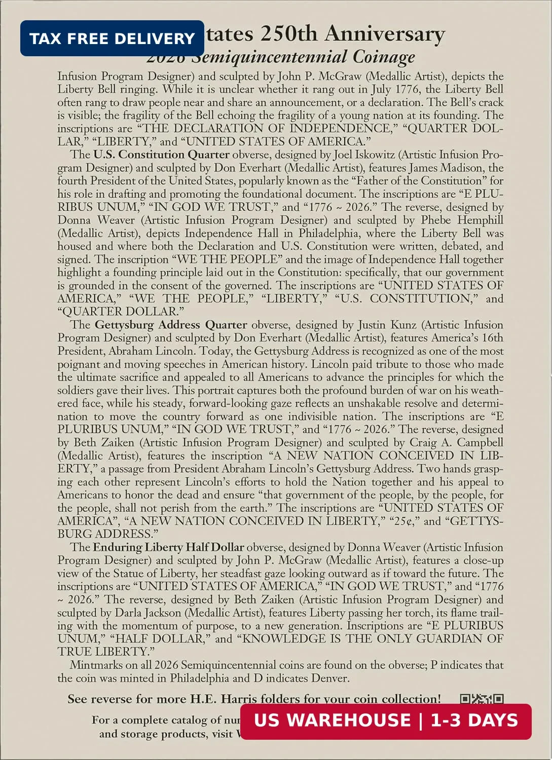 H.E. Harris® Coin Folder – United States 250th Anniversary Collection: 2026