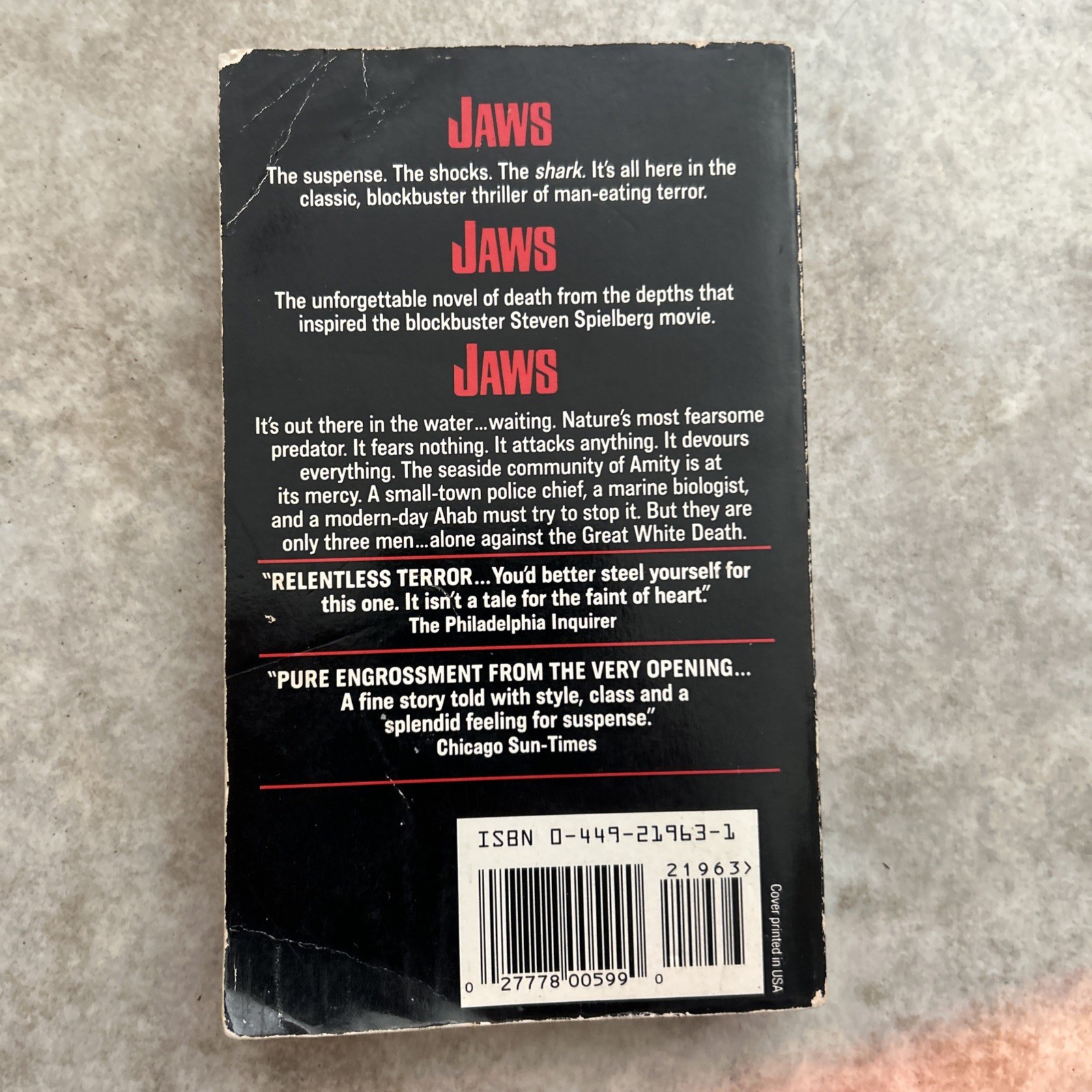 Jaws By Peter Benchley (Book, 1991, 1st Ed 4th Print) Vintage Paperback Horror
