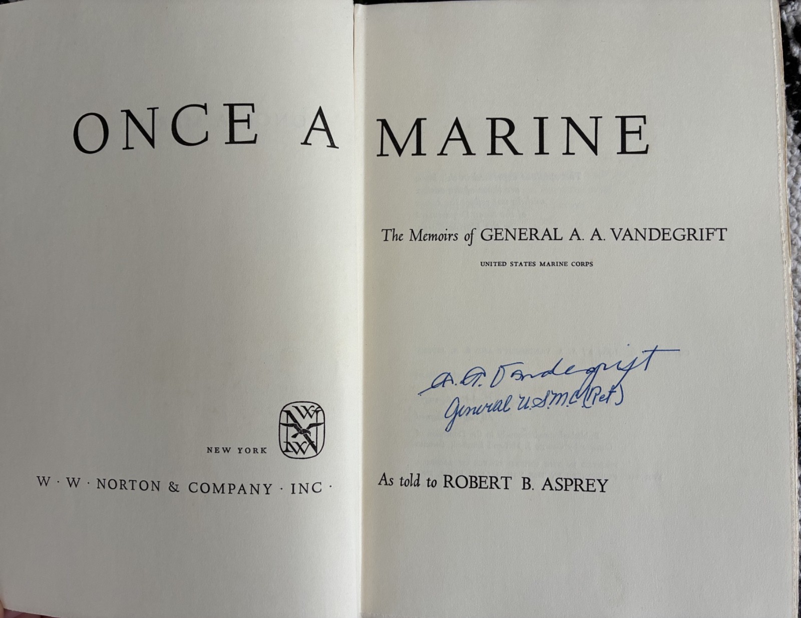 Once A Marine – SIGNED 1st. Ed. HC General A.A. Vandegrift 1964 memoirs