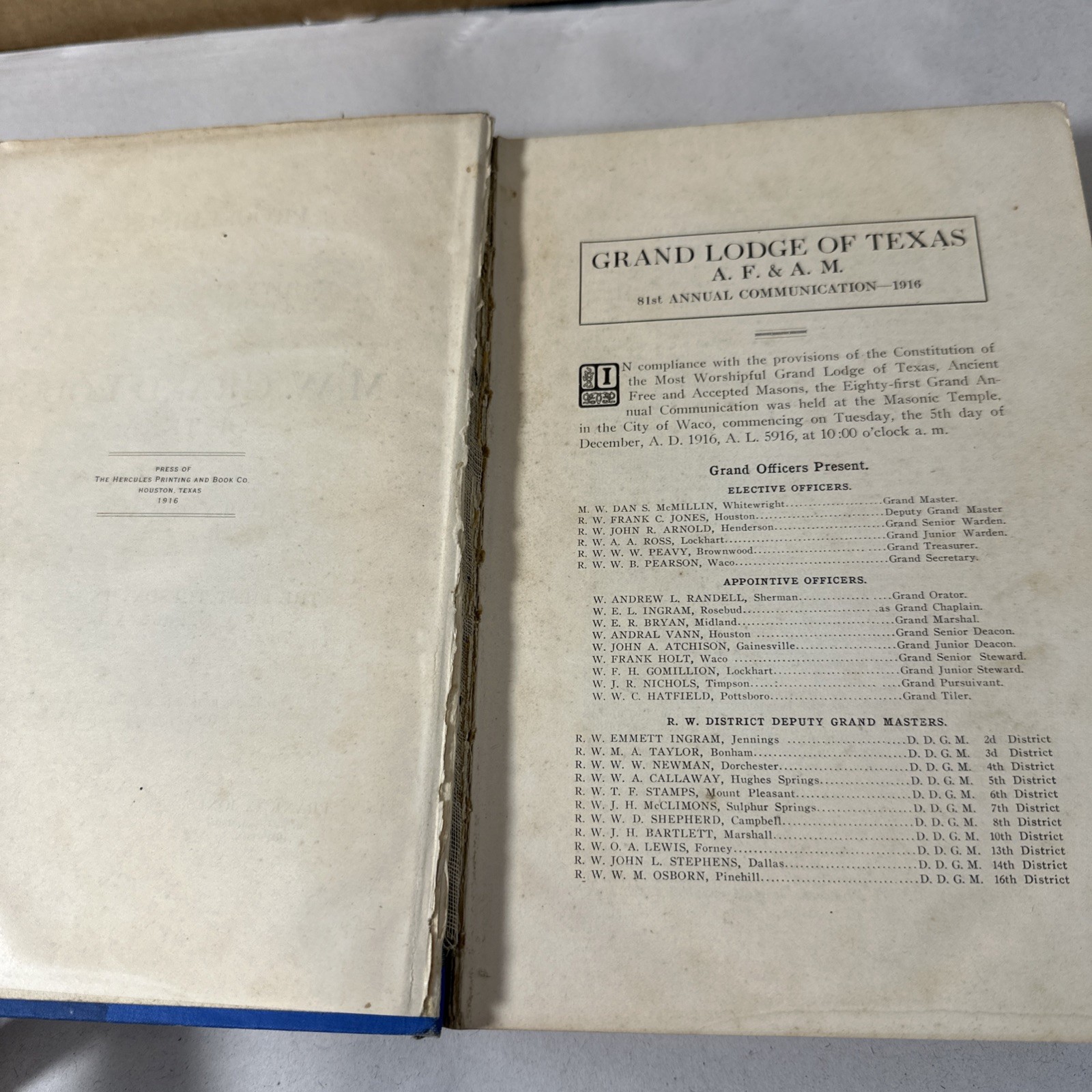 Proceedings M.W. Grand Lodge Texas 1916 Freemasonry Rare Book History
