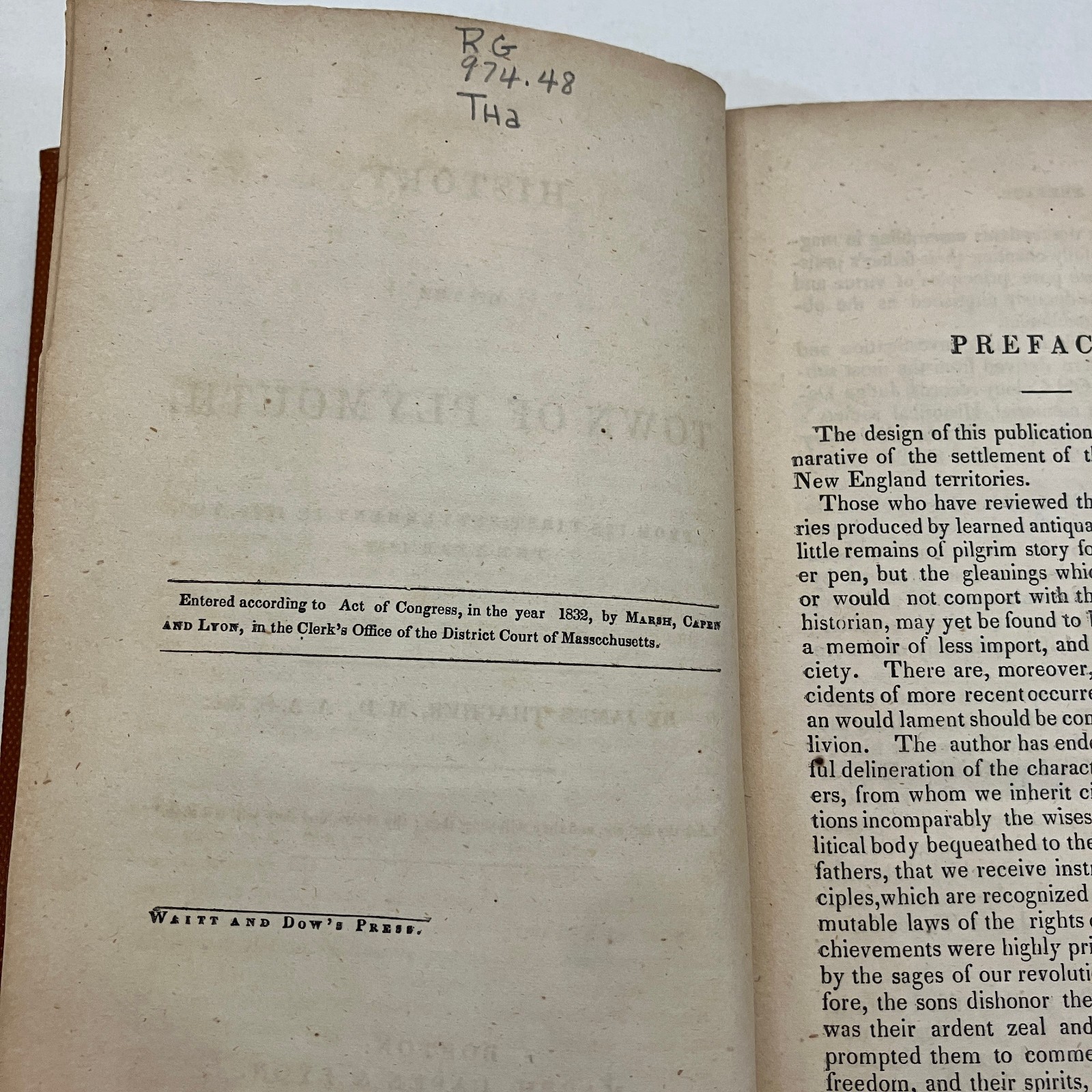 History of the Town of Plymouth Ex-Library Antique 1832 Hardcover James Thacher