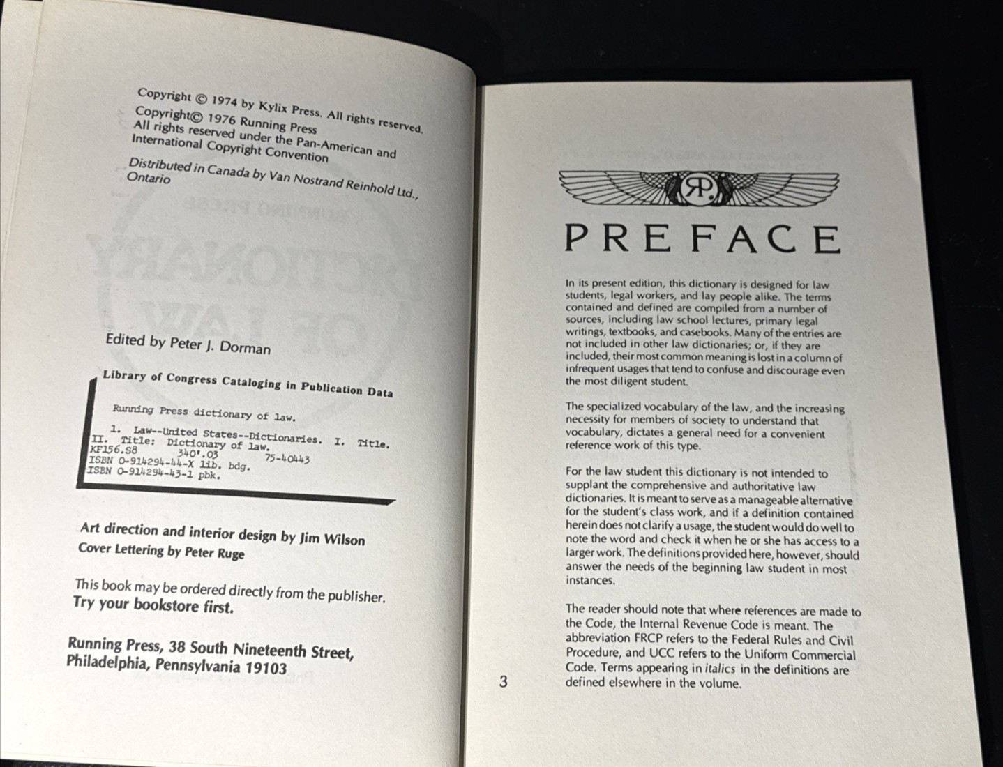Dictionary of Law – Running Press – 1976 – Large Type Edition