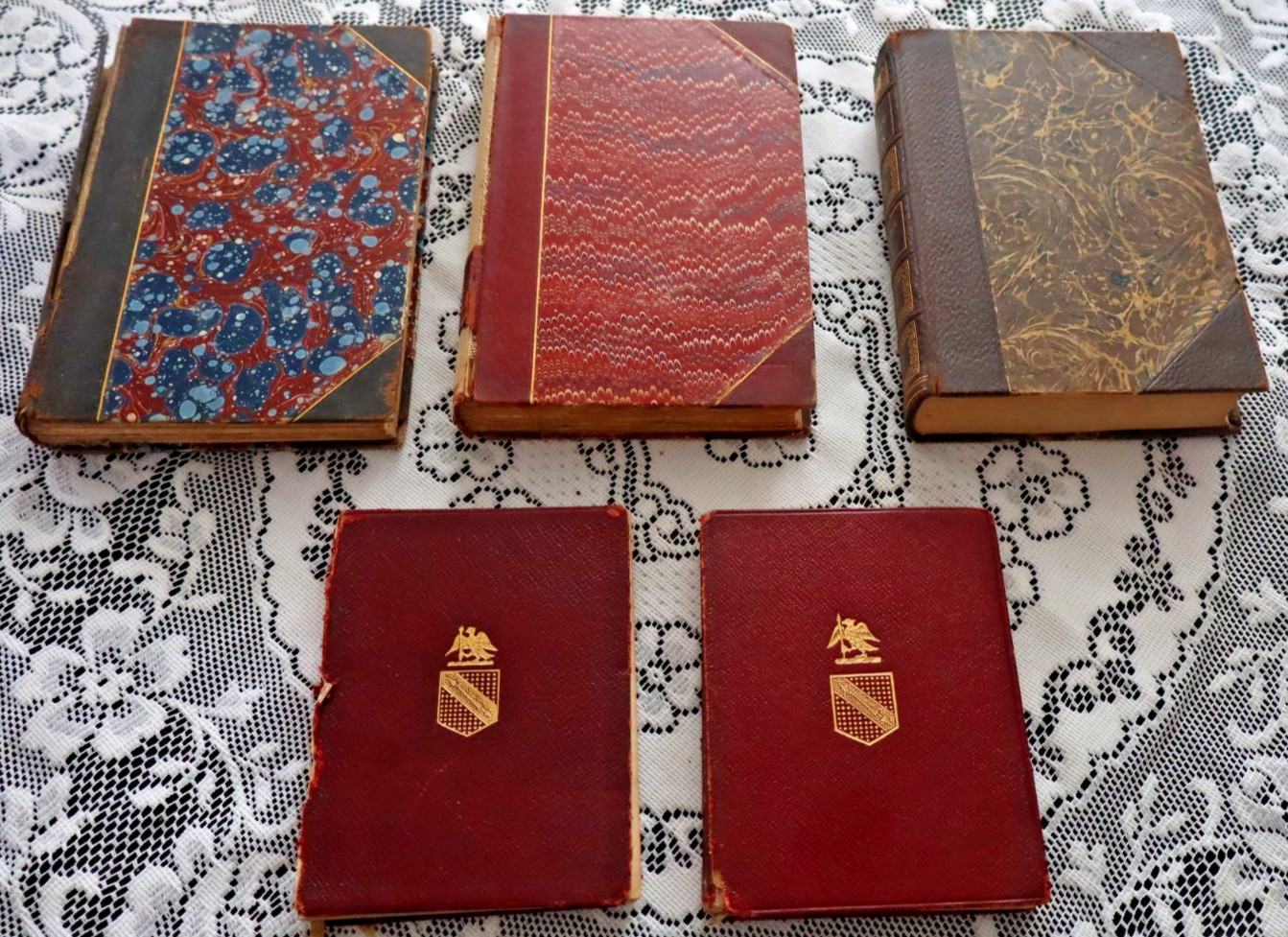 RARE LOT 5 ANTIQUE 1800’s BOOKS LEATHER WITH MARBLED COVERS, AS IS, REPAIRABLE
