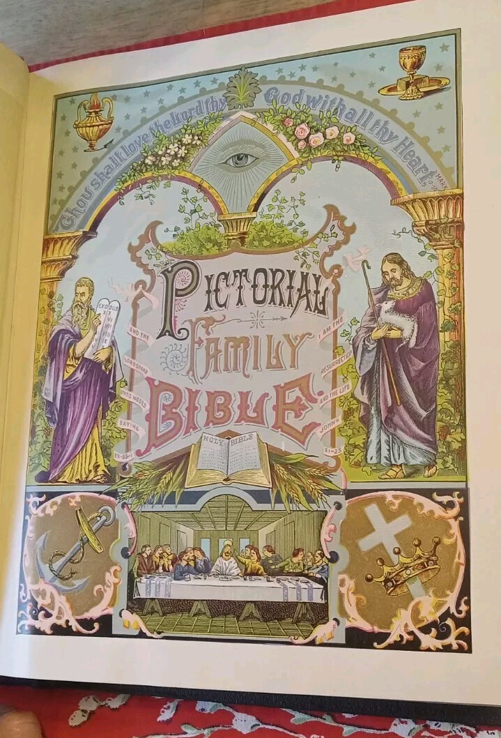 ATQ Huge Holy Bible Embossed Leather Family c.1880 Beautiful Victorian Illust