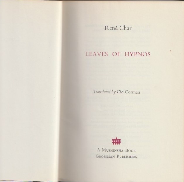 1973 First Edition of Leaves of Hypnos by René Char Grossman/Mushinsha Pub.