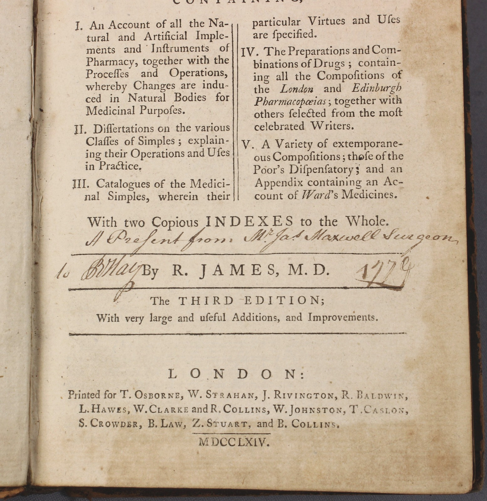 Quack Medicine Dispensatory – 1764 – Friend Samuel Johnson – Surgeon Inscription
