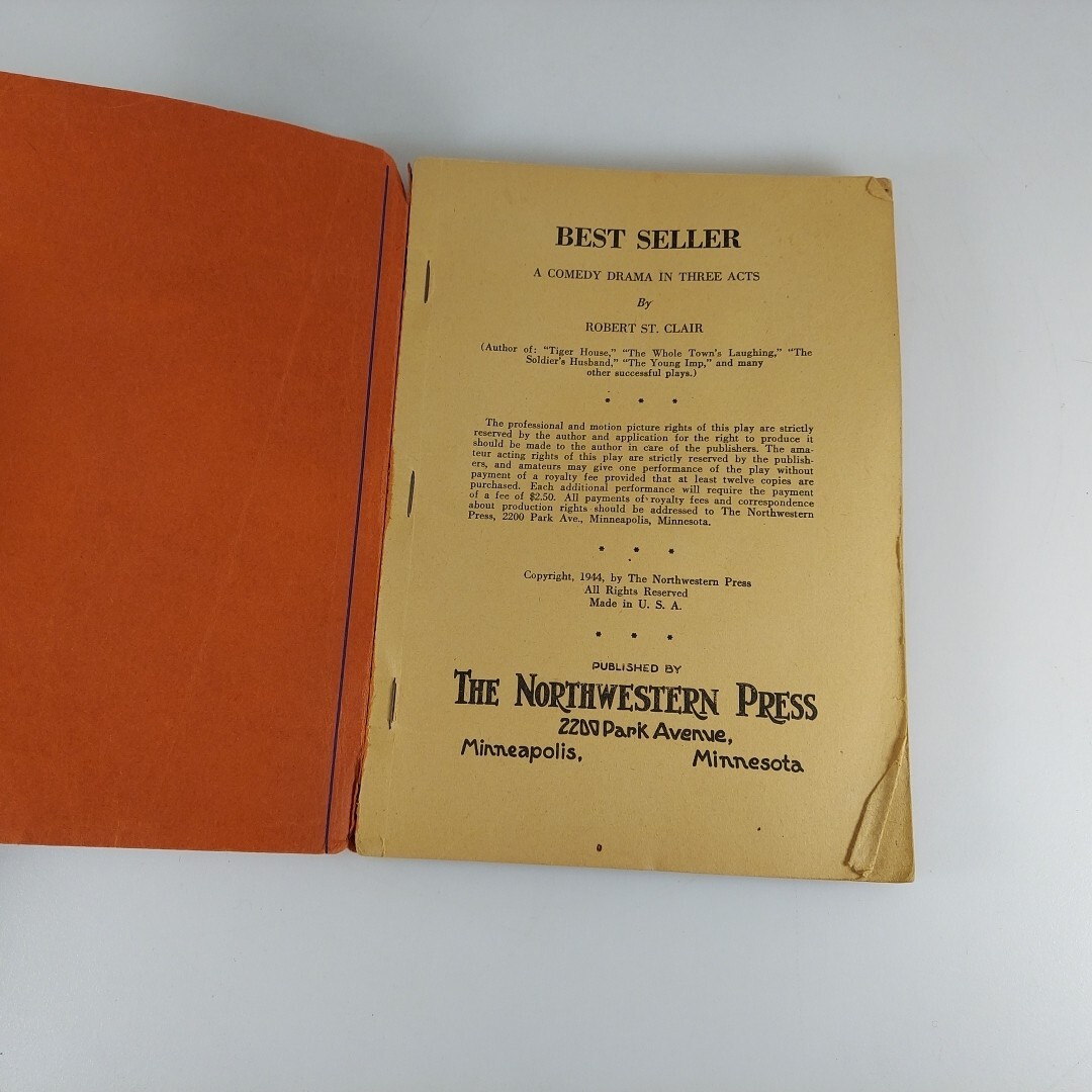 Best Seller A Comedy Drama In Three Acts Robert St Clair 1944 Northwestern Press
