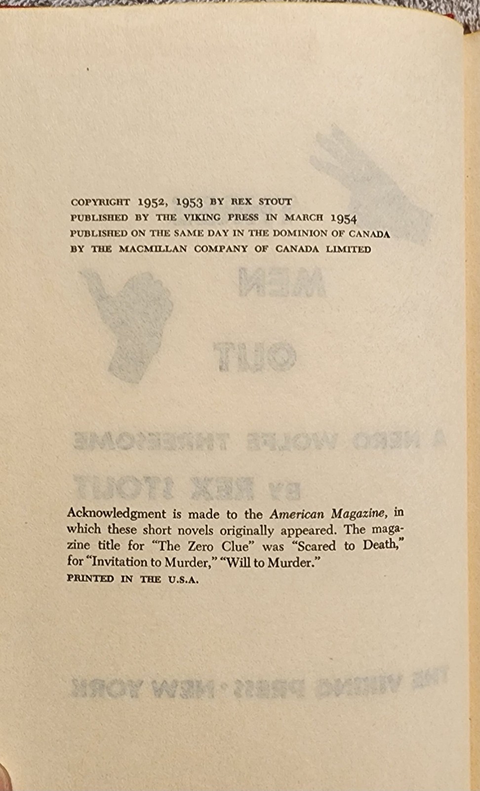 Three Men Out by Rex Stout A Nero Wolfe Threesome Novel Hardcover 1954 ex lib